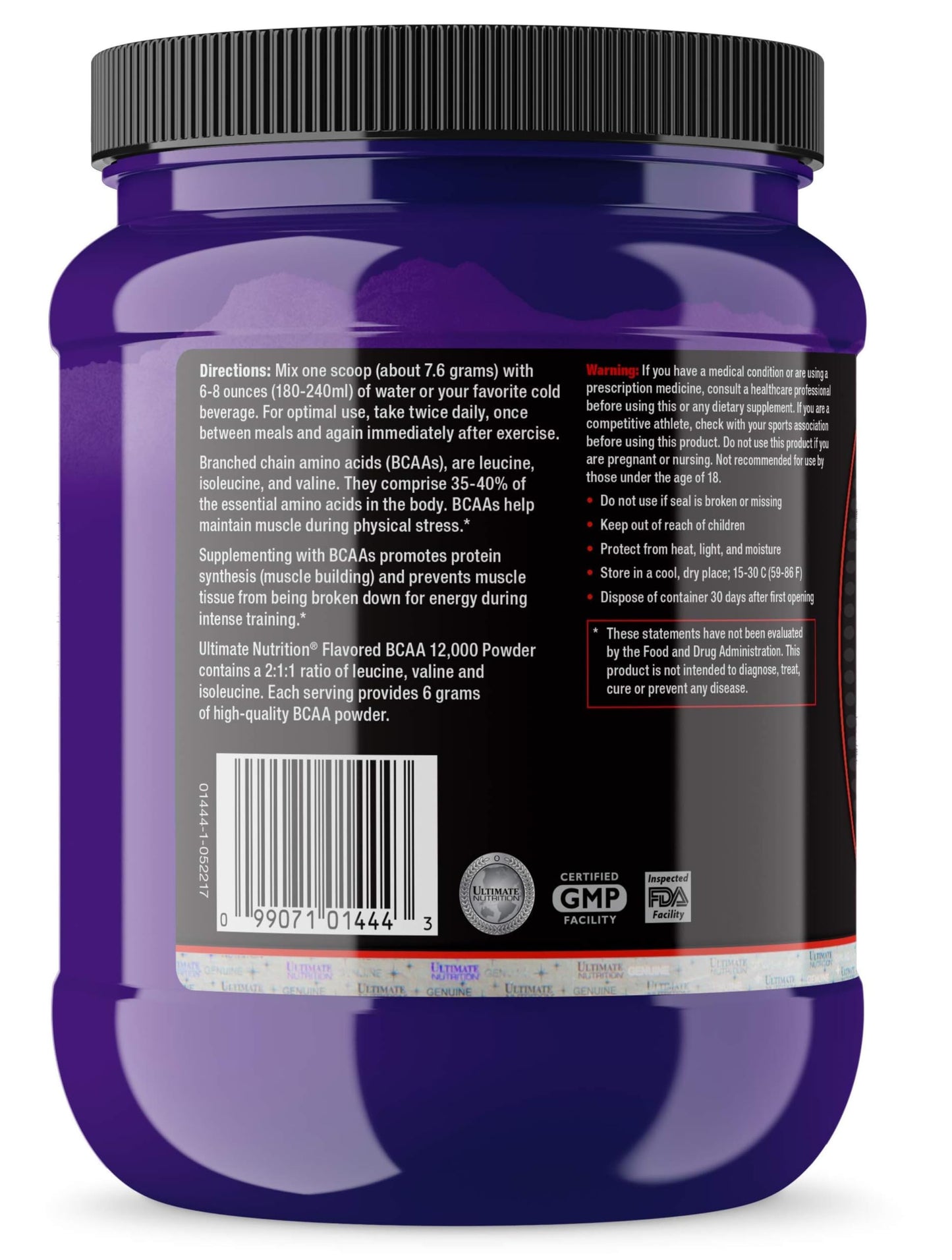 Ultimate Nutrition BCAA Powder - Caffeine Free with 3g Leucine, 1.5g Valine, 1.5g Isoleucine, Lemon Lime Flavor, 8 oz