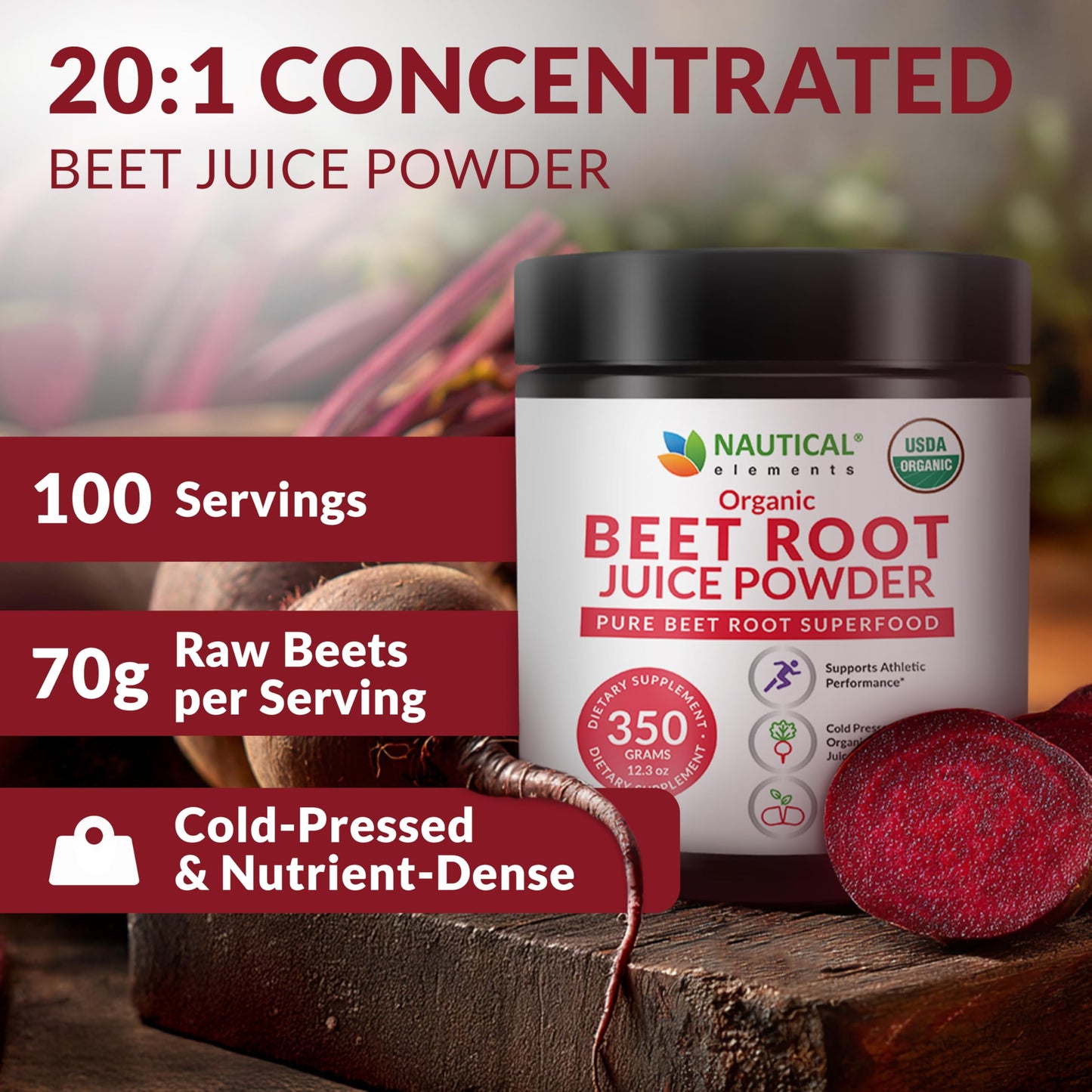 Nautical Elements Organic Beet Juice Powder 20:1 Concentration, Circulation Support, Nitric Oxide Booster, Cold-Pressed Beet Root Powder Supplement, 12.3 oz