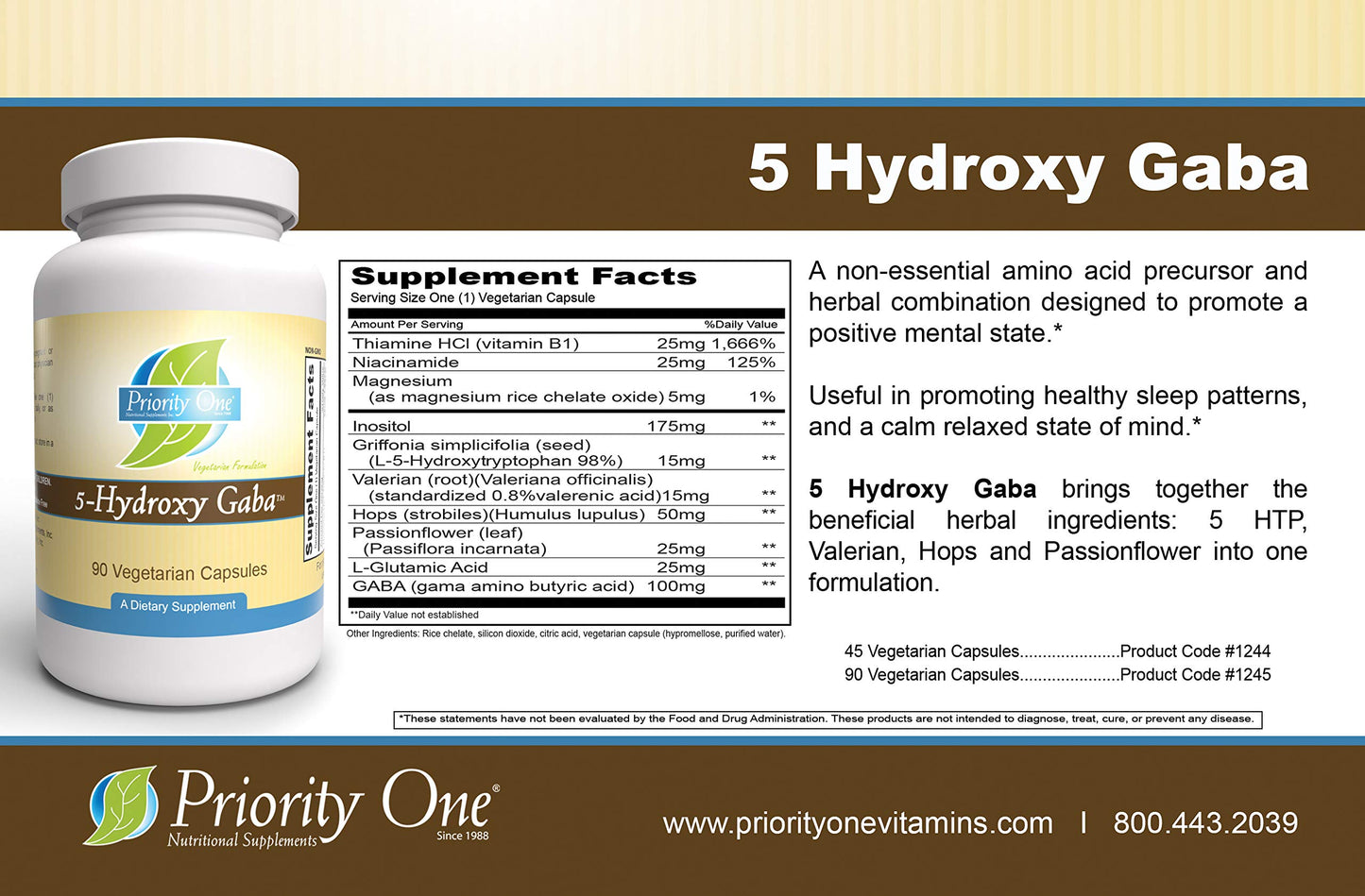Priority One 5-Hydroxy GABA (Gamma Aminobutyric Acid) (5HTP) Capsules, 90 Count