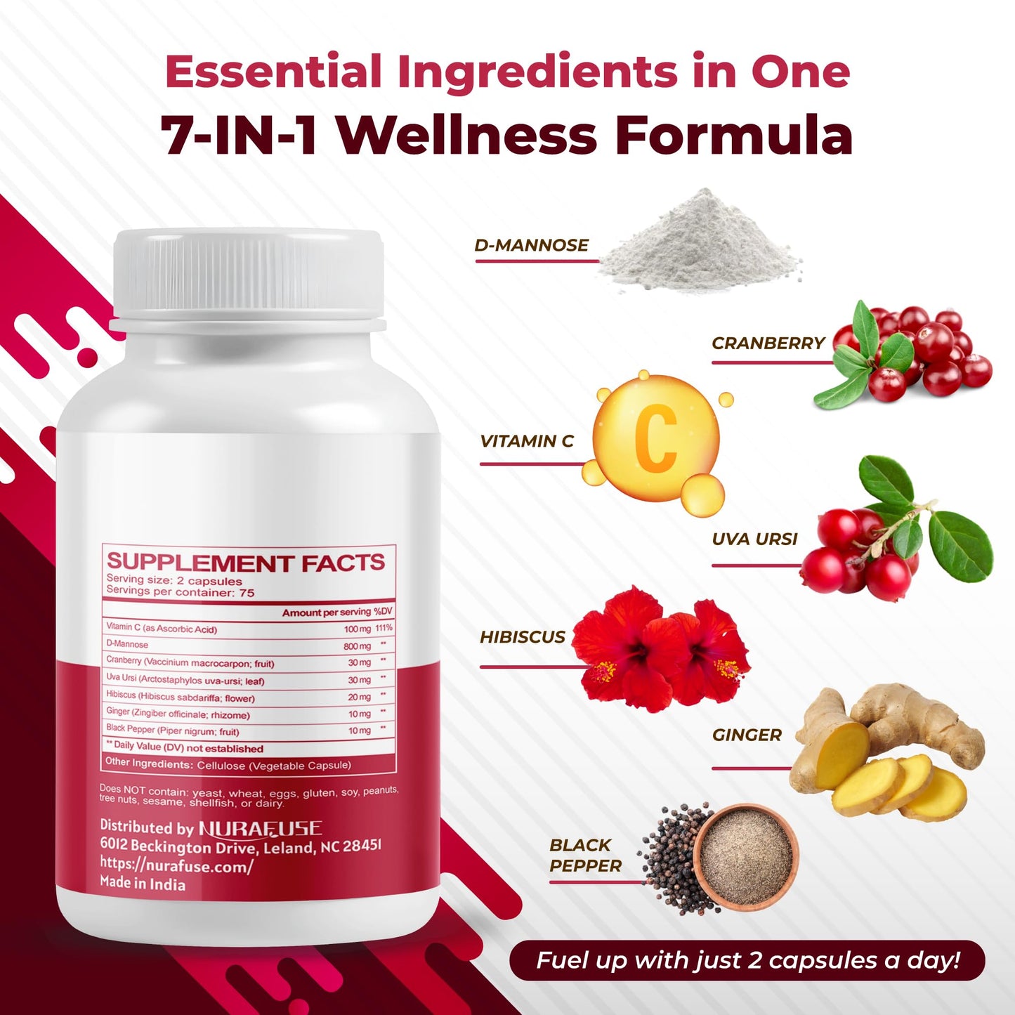 NURAFUSE D-Mannose with Cranberry, Uva Ursi, Hibiscus, Ginger, Black Pepper Capsules 150 Count