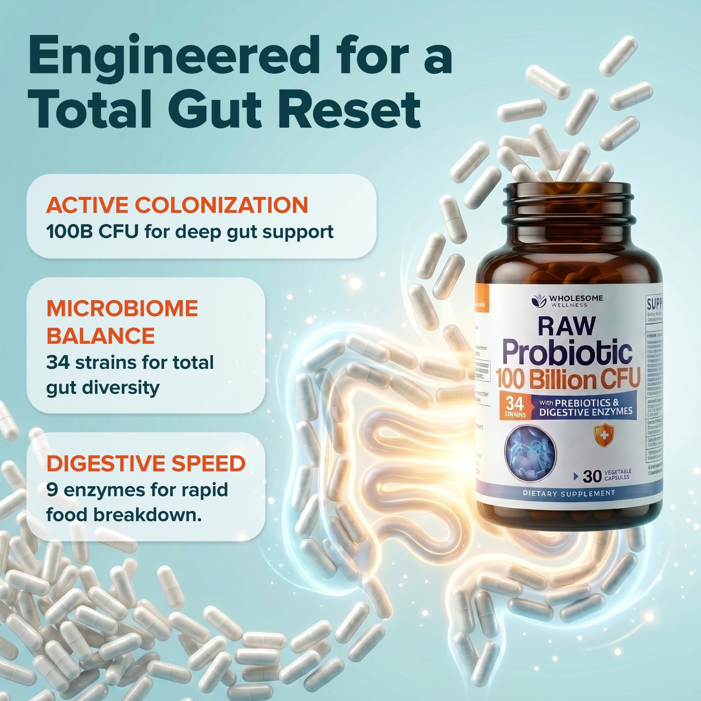 Wholesome Wellness Organic Raw Probiotics 100 Billion CFU Capsule, 30 Count