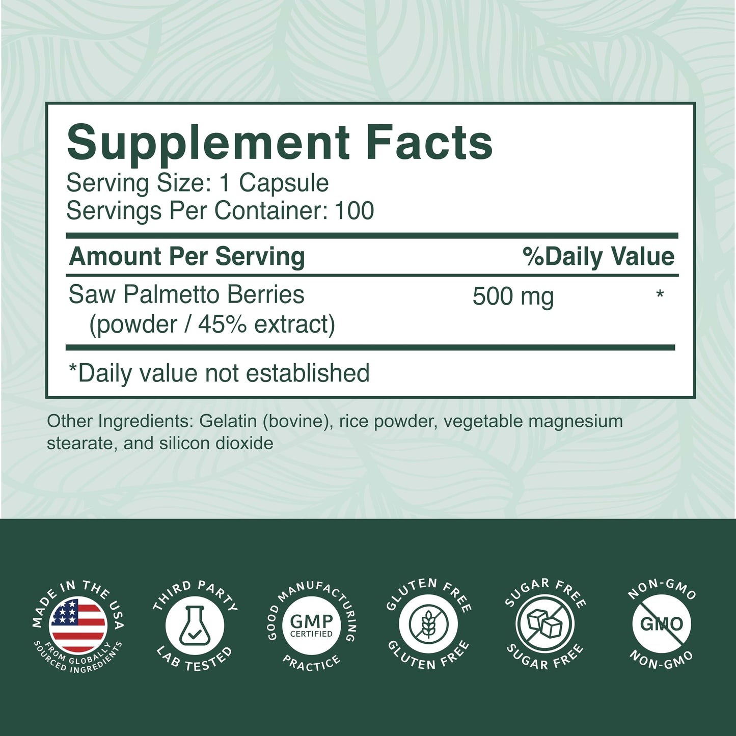 PurePremium Supplements Saw Palmetto 500 mg Tablets, 100-count