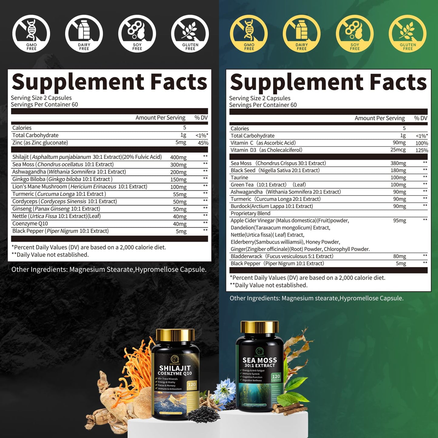 BBEEAAUU Shilajit for Men, Sea Moss and Shilajit Bundle All in 1 Supplements with Coenzyme Q10, Black Seed, Ashwagandha, Taurine, Burdock for Energy, Endurance, Antioxidant & Immune Support, 240 Capsules