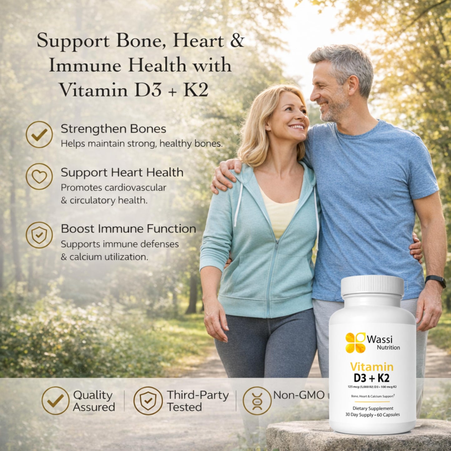Wassi Nutrition Vitamin D3 K2 Supplement 5000 IU, 60 Capsules