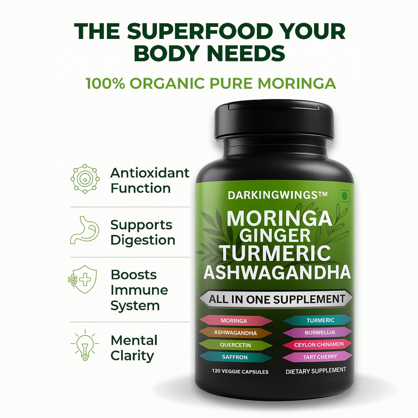 Darkingwings Turmeric Curcumin Moringa Ginger Boswellia Saffron Joint Support Capsule, 120 Count