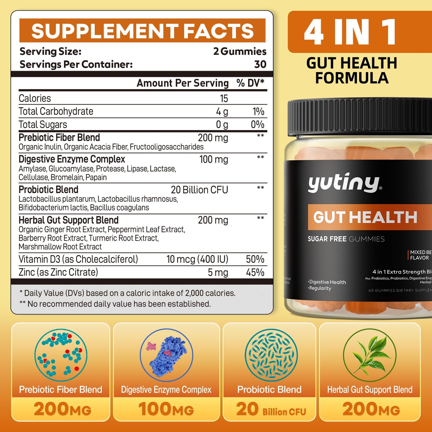 Yutiny Prebiotics Probiotics & Digestive Enzymes Gummies, 60 Count