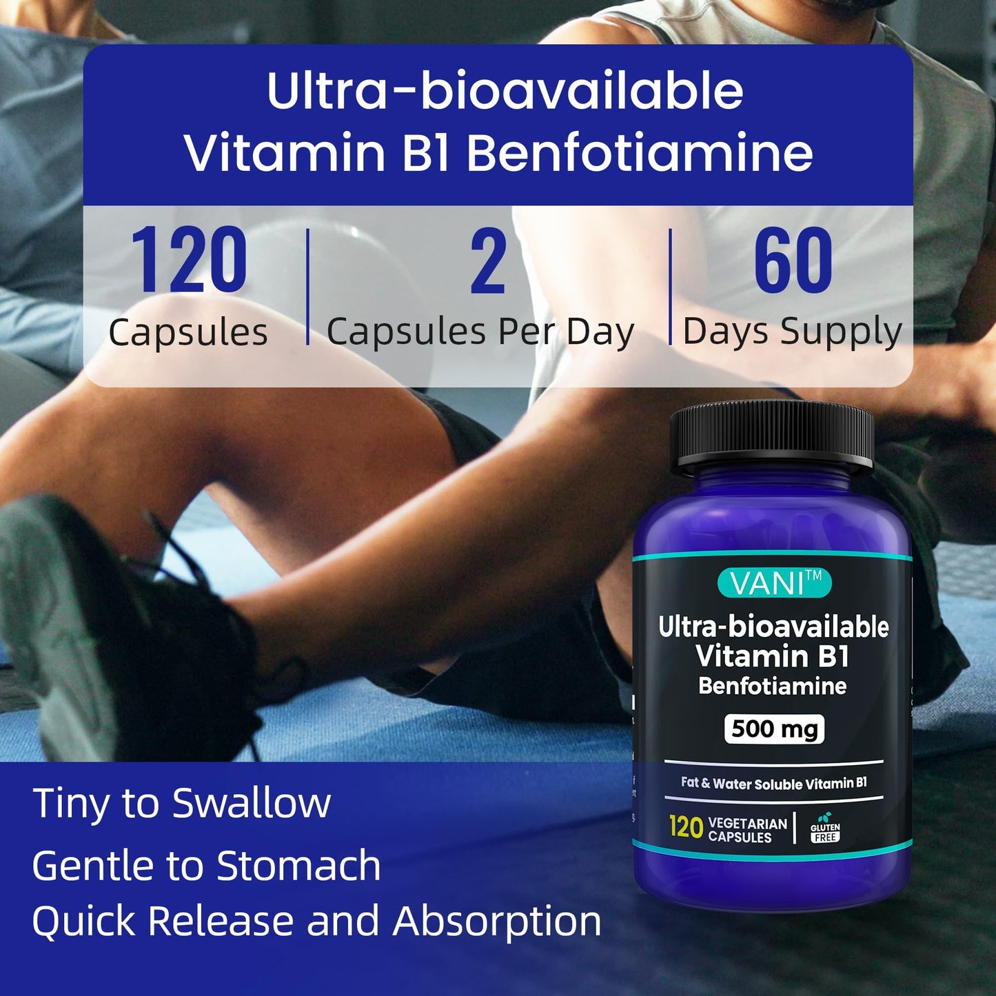 VANI Vitamin B1 with Benfotiamine 500mg Capsules, 120 Capsules