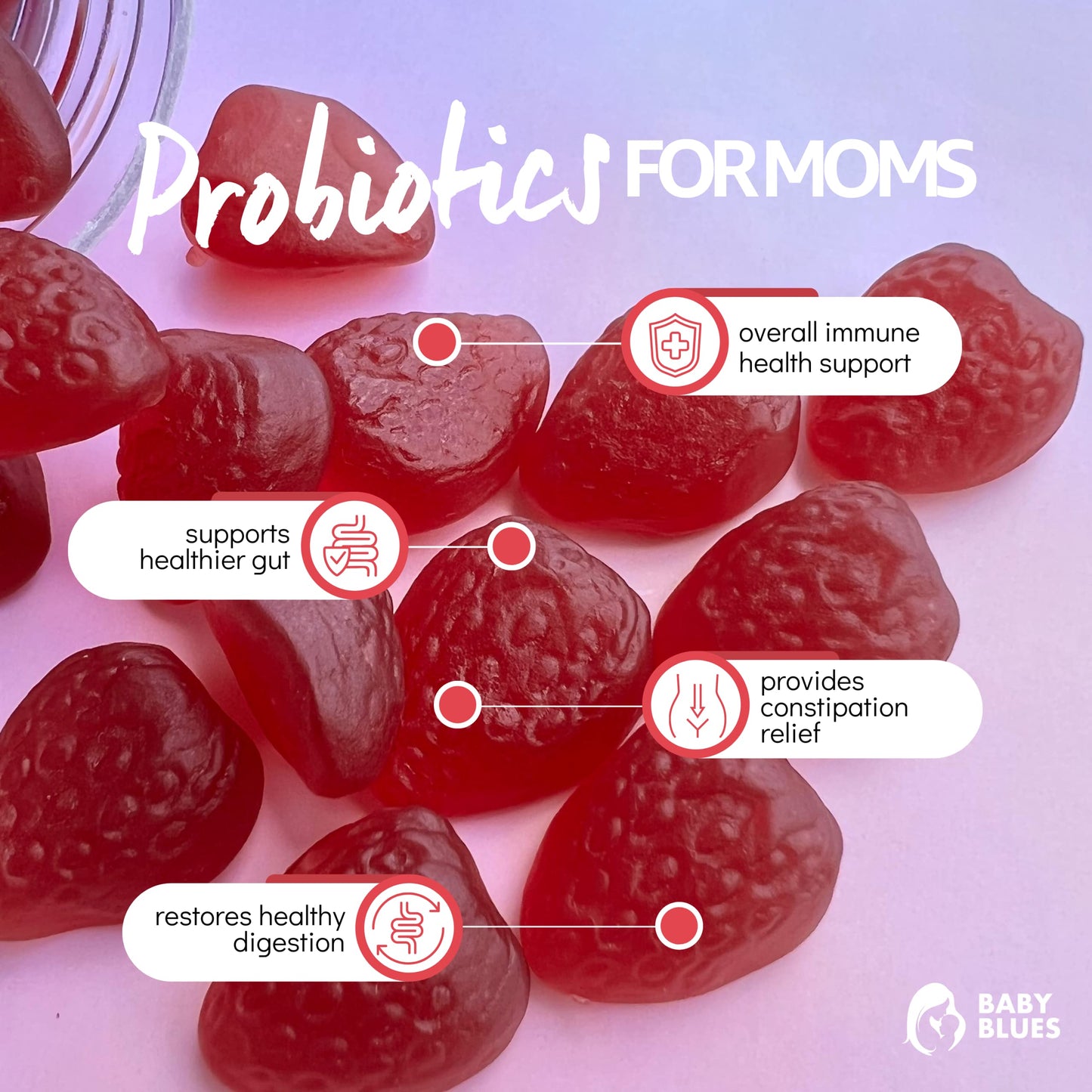 Baby Blues Probiotic Gummies for Women, Prenatal and Postnatal Probiotic for Pregnancy, Postpartum and Breastfeeding, Gut Health and Digestion, 5 Billion CFU DE111, Organic Strawberry, 60 Gummies