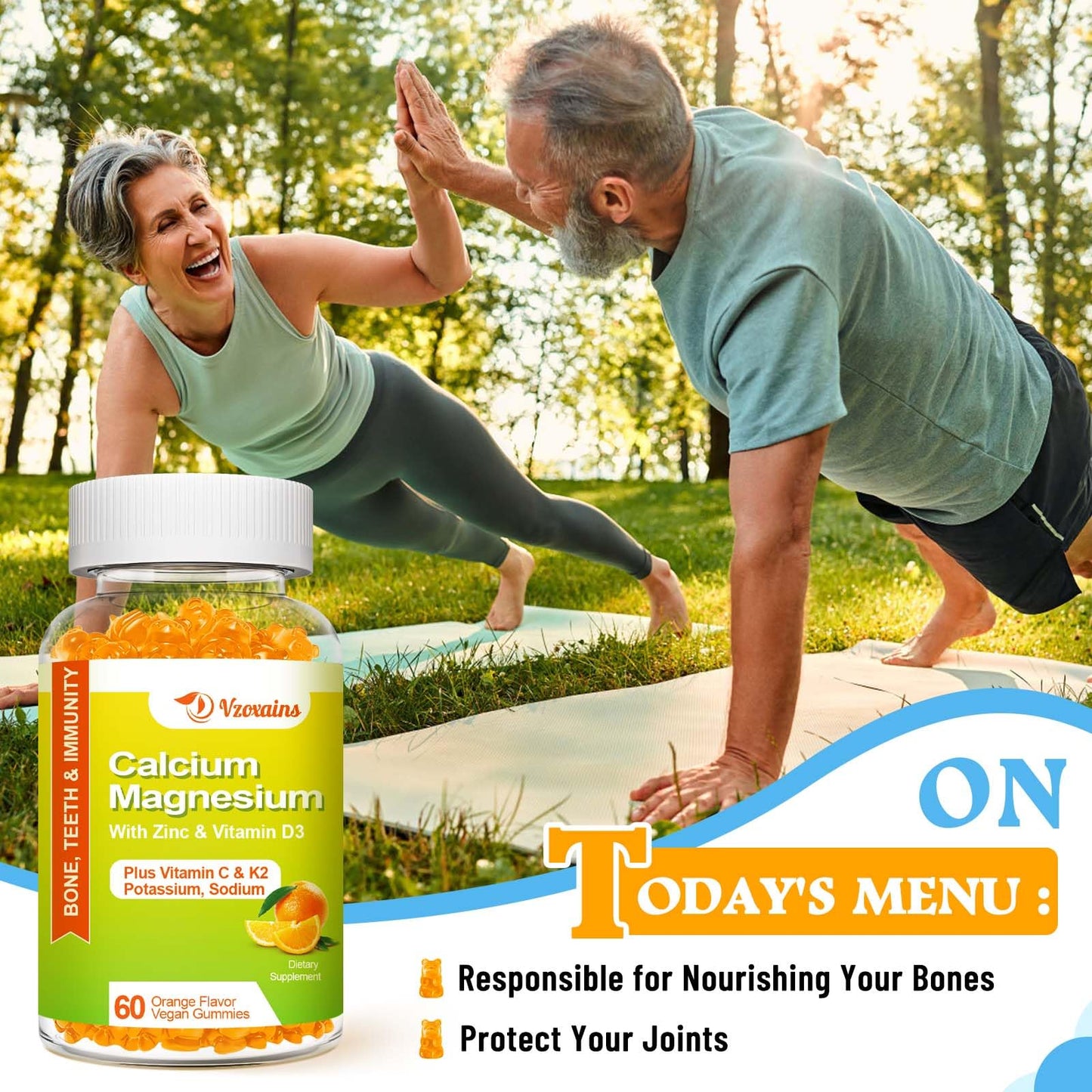 VZOXAINS Calcium Gummies, Sugar Free with Magnesium, Potassium & Vitamin D3, Vegan Orange Flavor, 60 Gummies