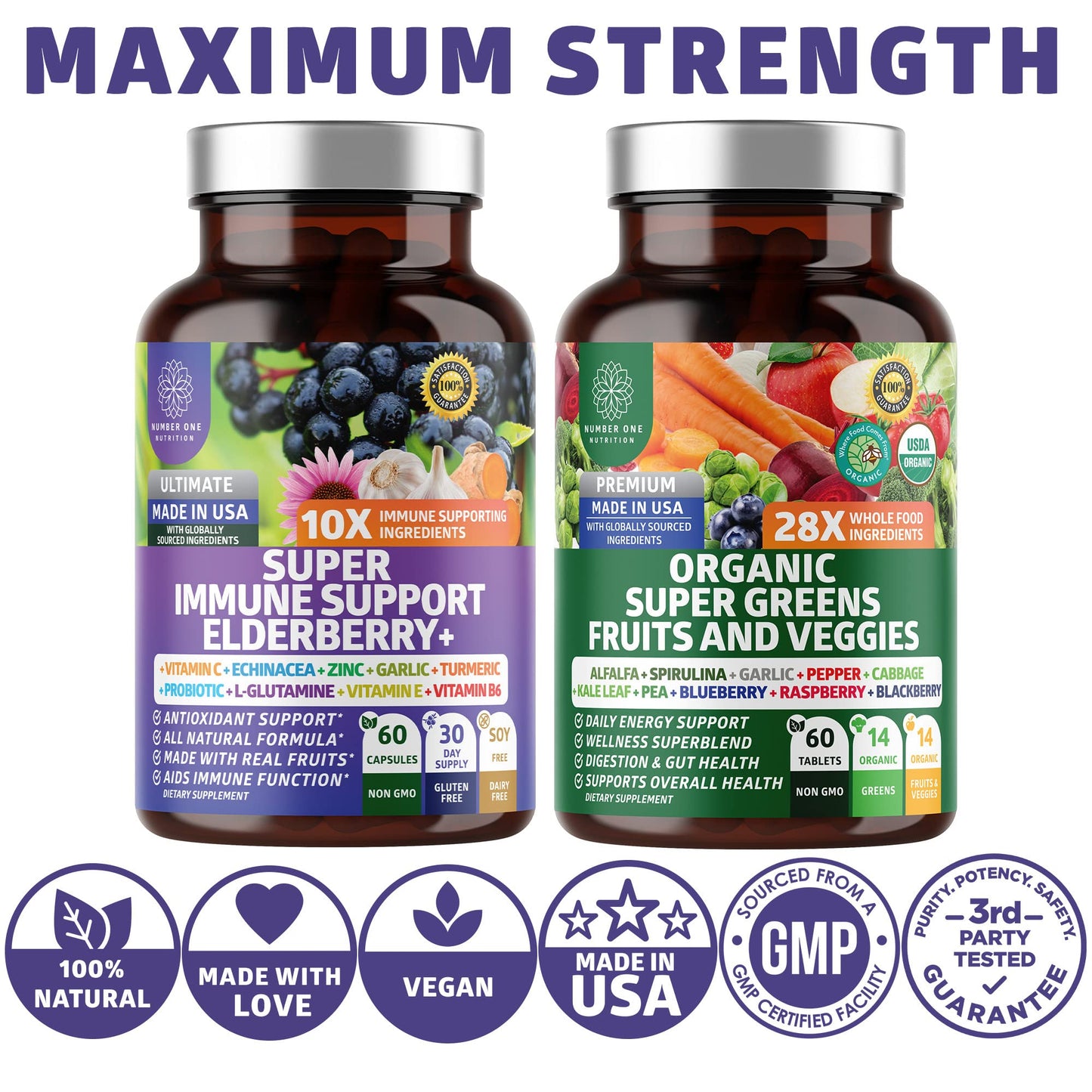 Number One Nutrition N1N Premium Organic Super Fruits & Veggies + Immune Support 120 Capsules