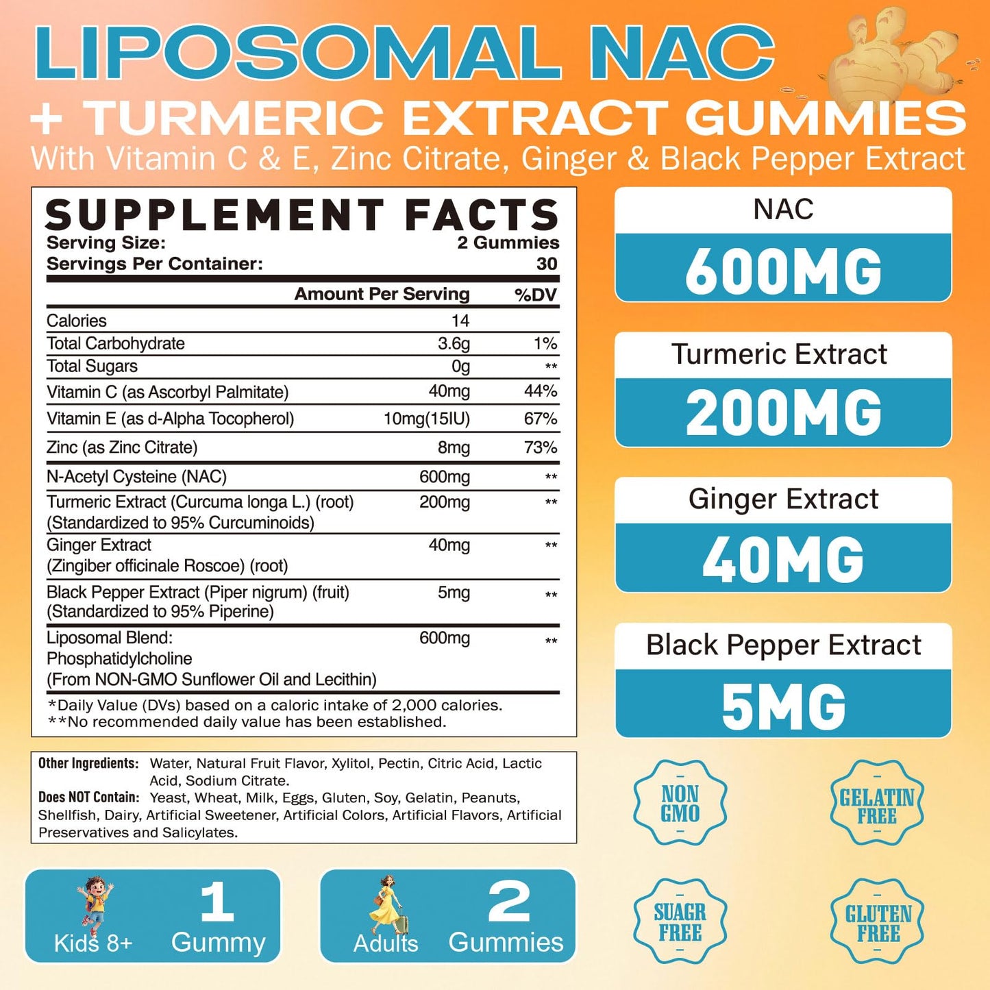 Geeoasis Liposomal NAC Gummies 600mg N-Acetyl Cysteine, Pineapple Flavor, Sugar-Free, Immune & Liver & Lung Support, with Turmeric, Ginger & Black Pepper, 60 Gummies