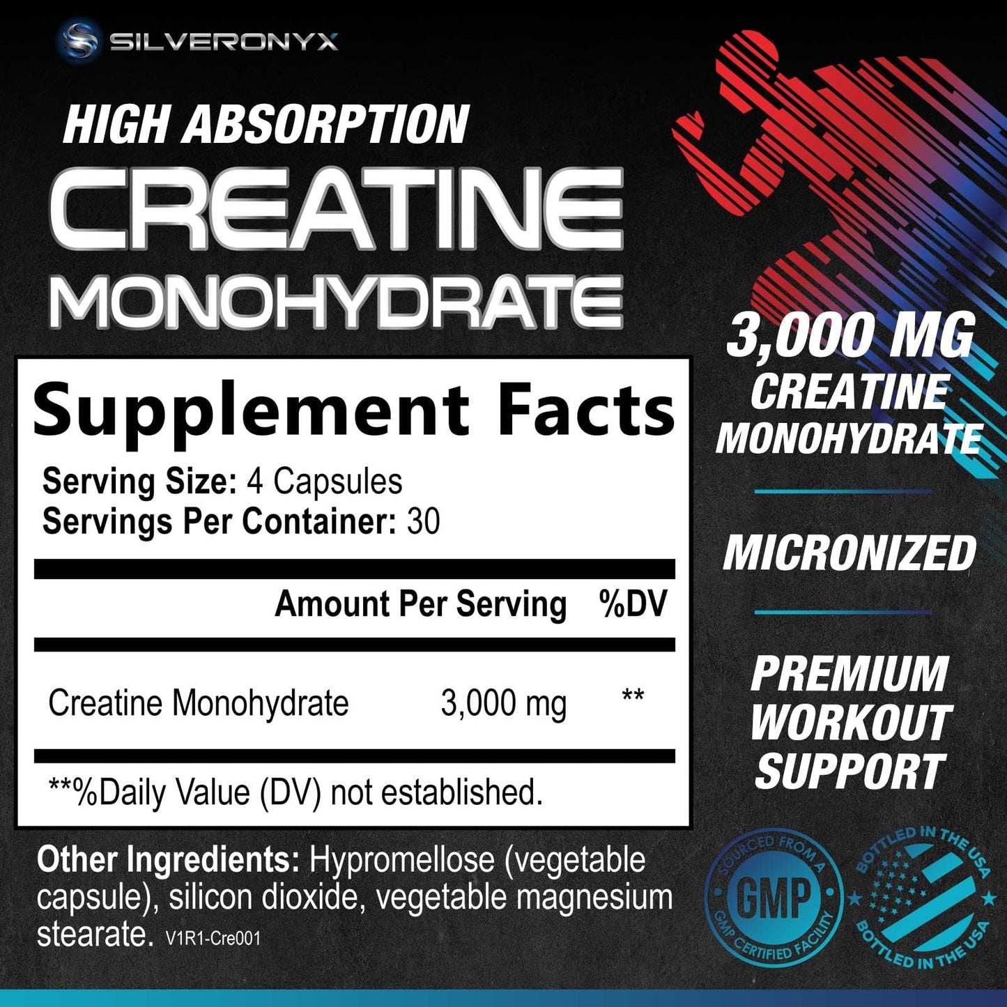 SILVERONYX Creatine Monohydrate 3000mg Capsules, 120 Count