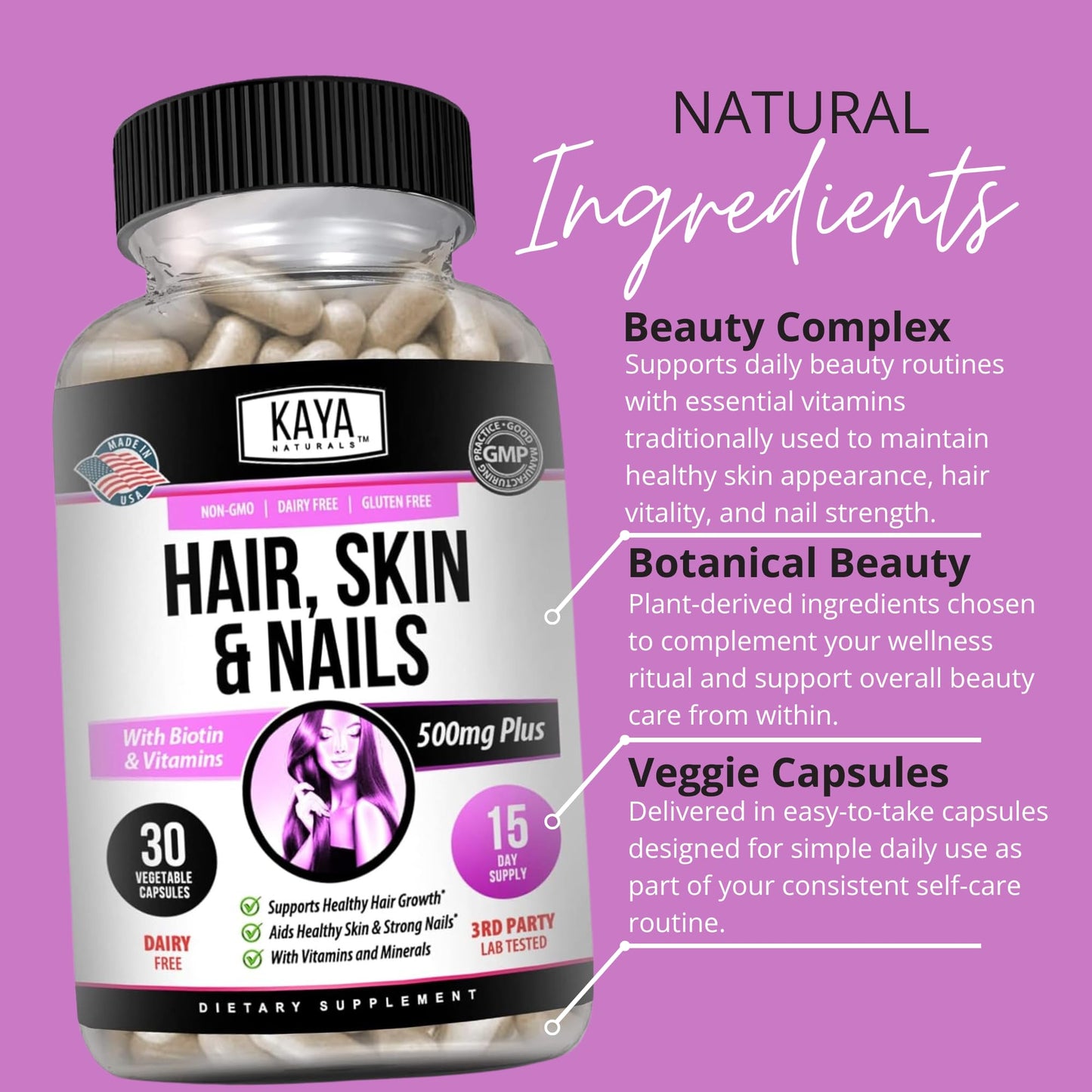 Kaya Naturals Hair Skin Nail Capsules with Biotin, 30 Count