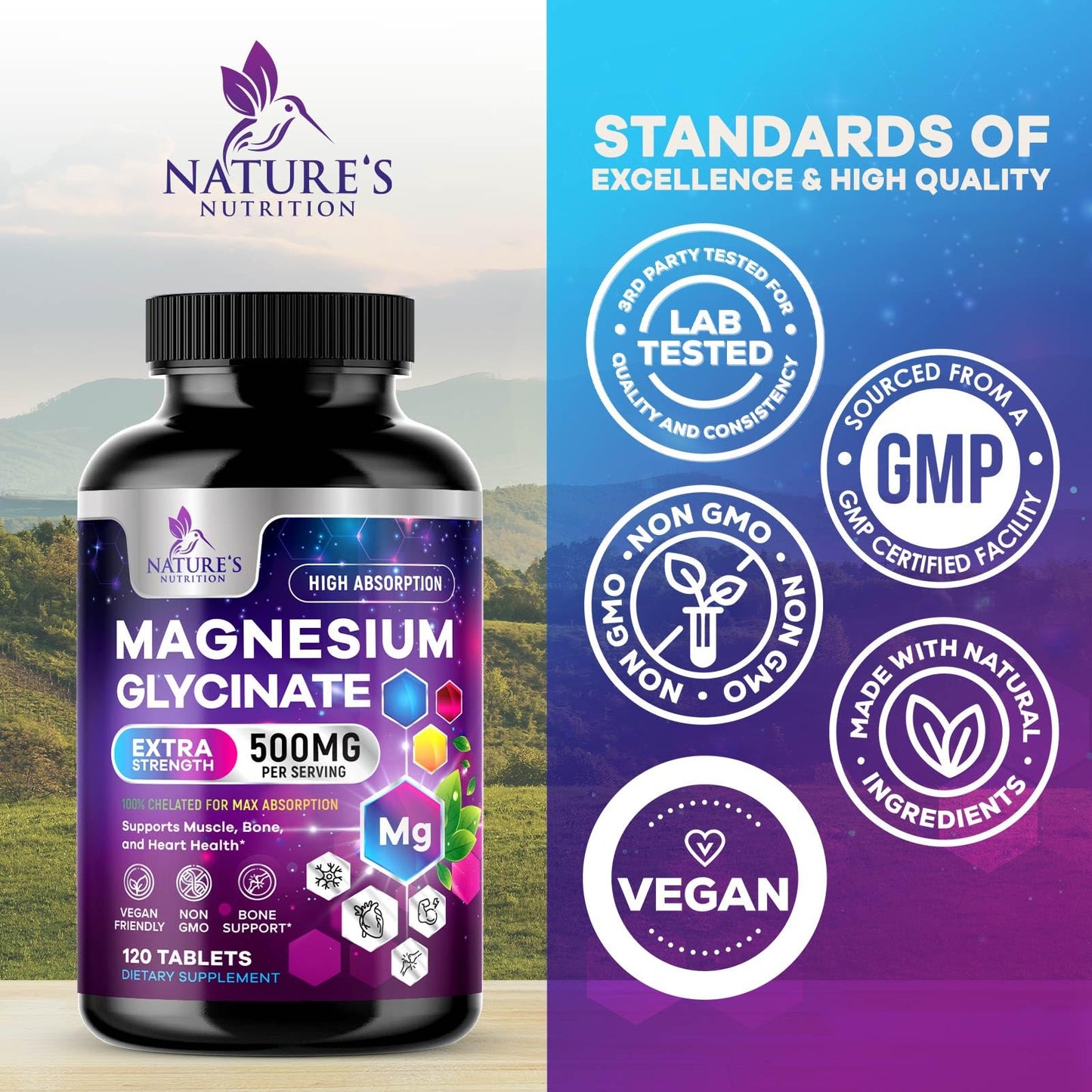 Nature's Nutrition Magnesium Glycinate Supplement 120 Tablets