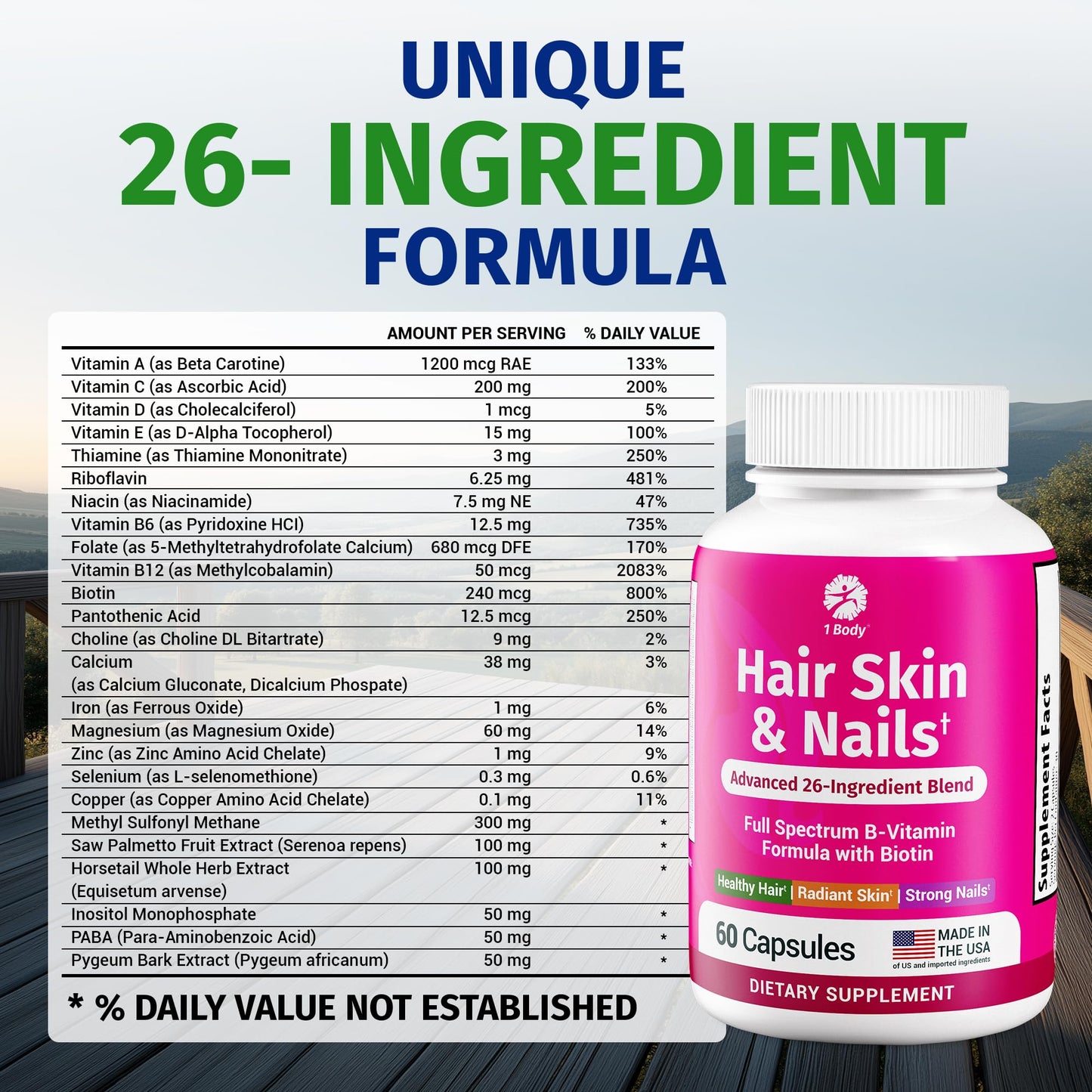 1 Body Hair Skin and Nails Vitamins with Biotin Capsule, 60 Capsules