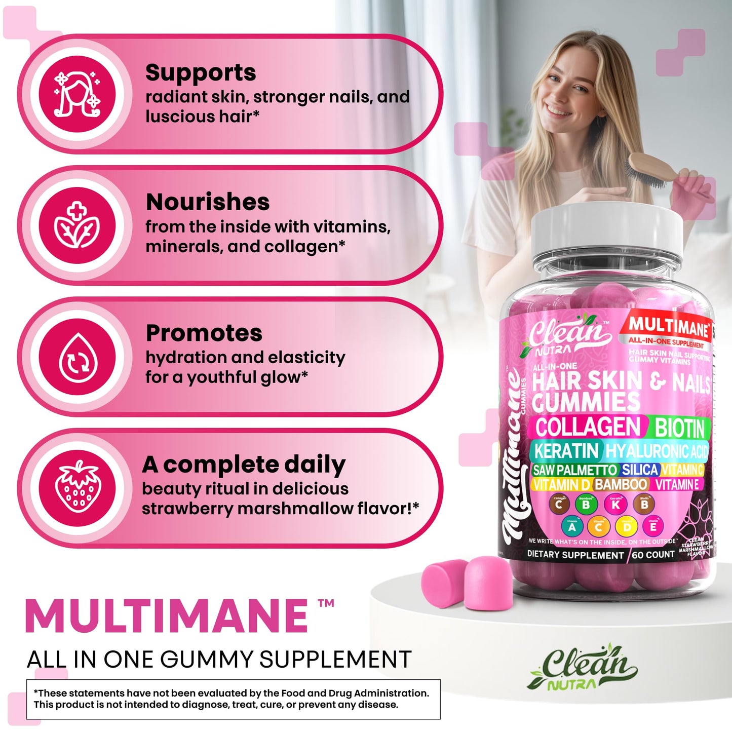 Clean Nutraceuticals Biotin Collagen Keratin Gummies, 60 Count