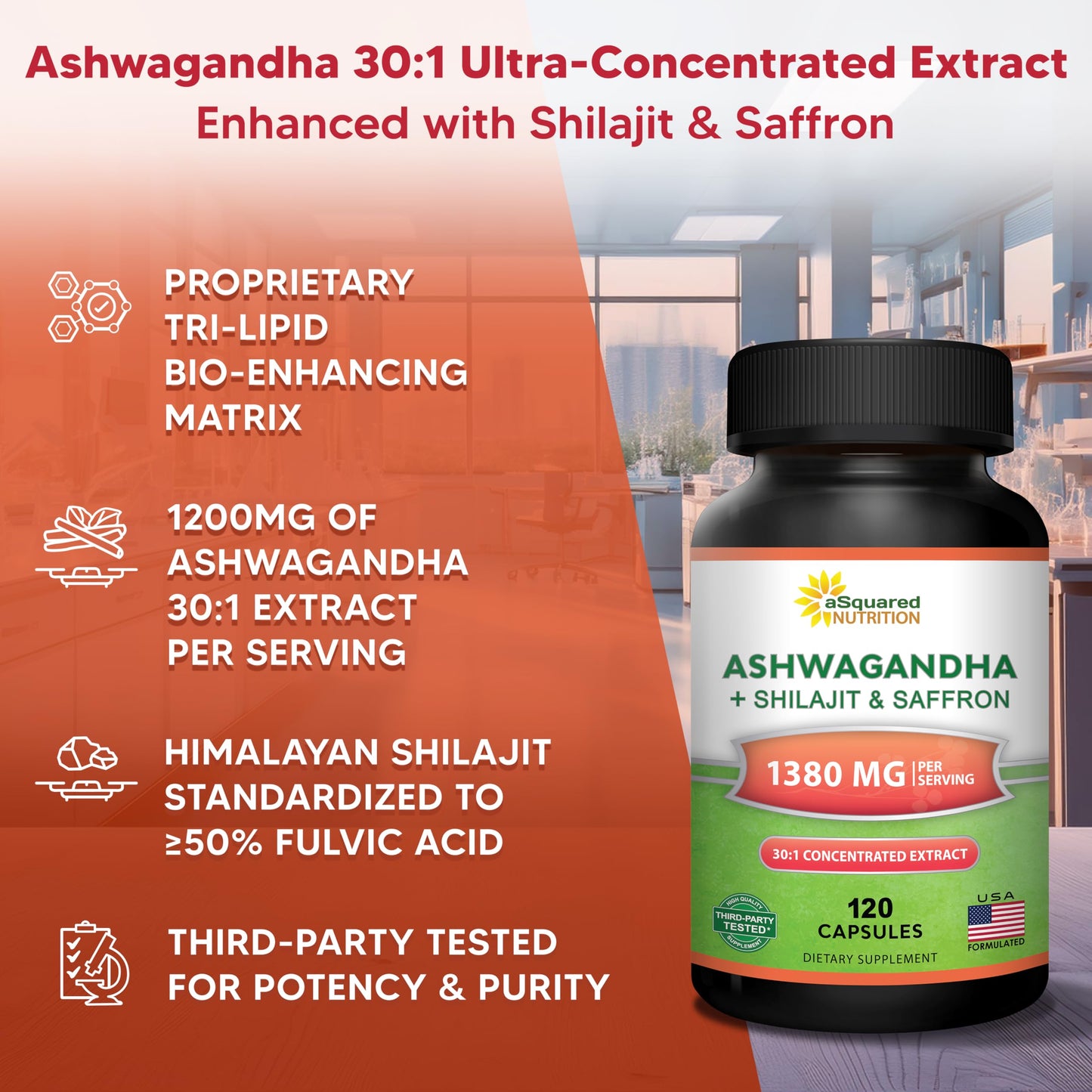 aSquared Nutrition Ashwagandha for Men & Women + Shilajit & Saffron, 120 Capsules