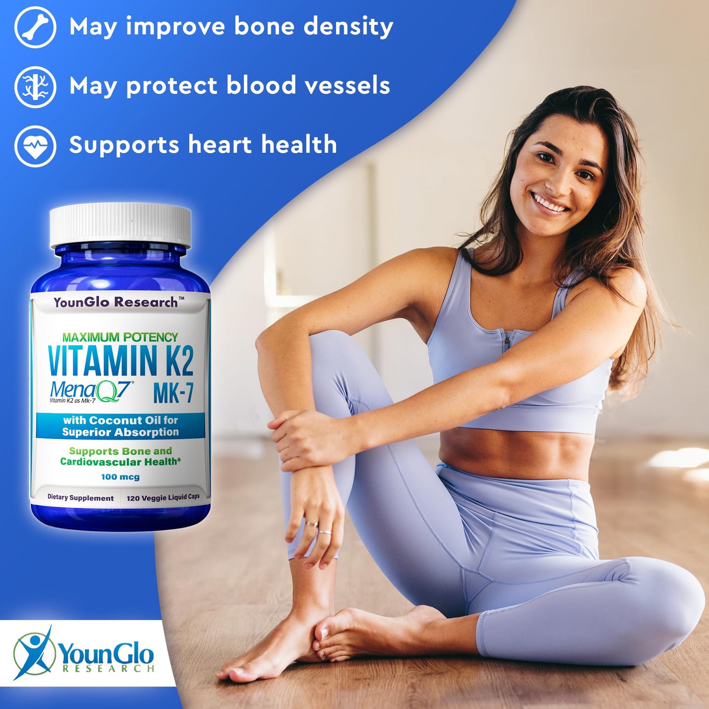 YounGlo Research Vitamin K2 MK7 (MenaQ7) 100 mcg w/Coconut Oil for Superior Absorption, Dietary Health Supplement, Capsules, 120
