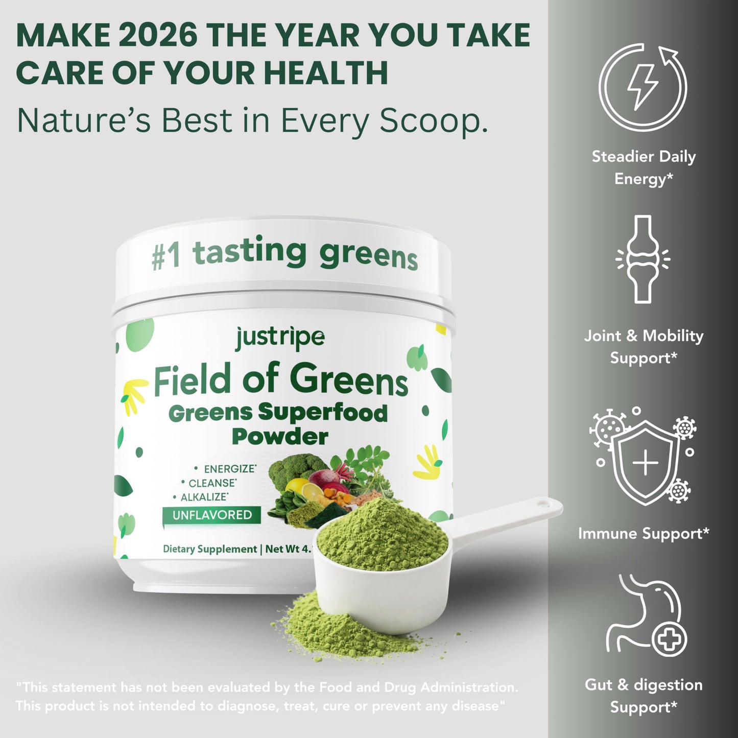 Just Ripe Nutrition Field of Greens Powder with Organic Spirulina, Chlorella, Beet Root Powder, Bacillus Coagulans Probiotic, Plant-Based Immunity Support, Unflavored, 5.3 Ounce