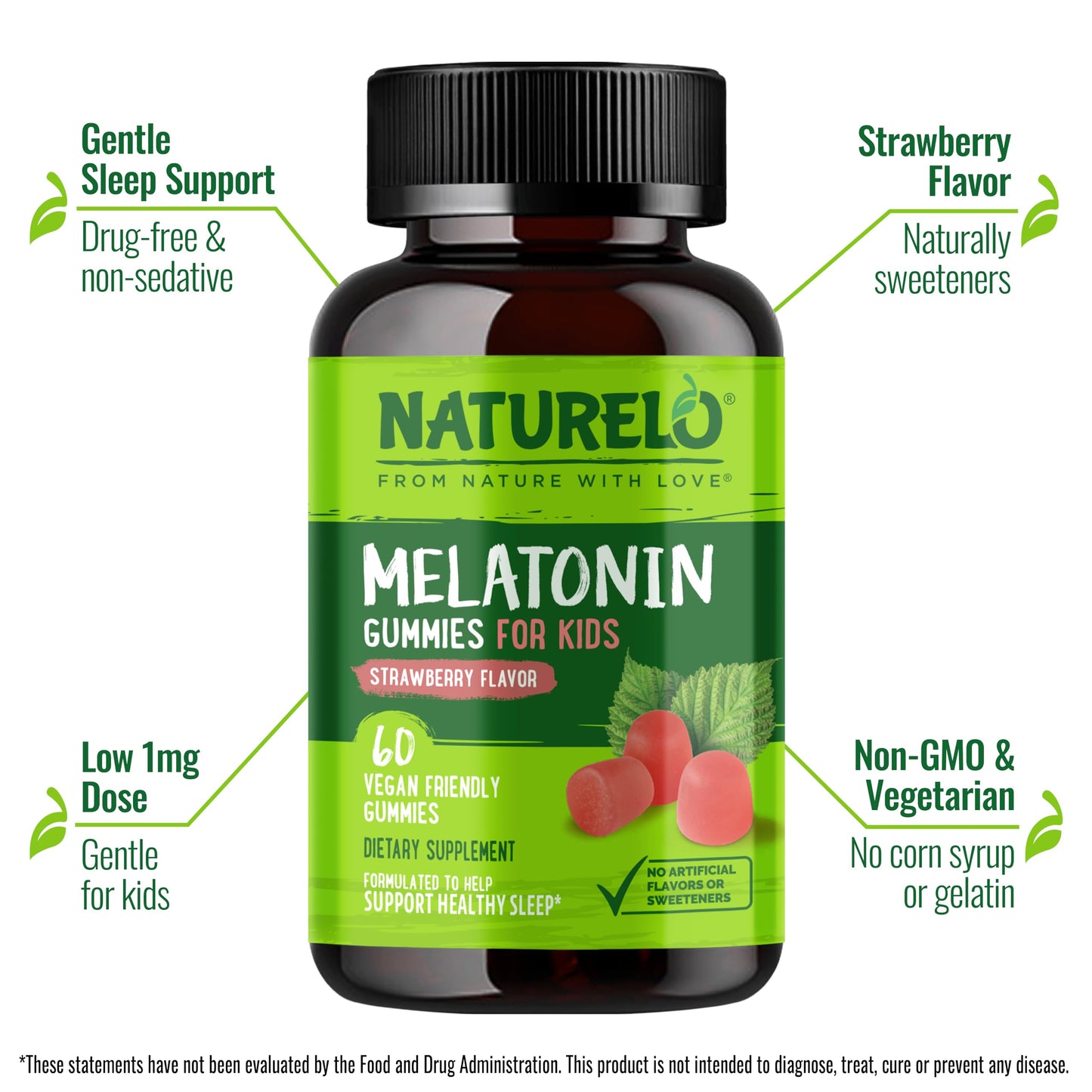 NATURELO Melatonin Gummies for Kids Gummy, 60 Count