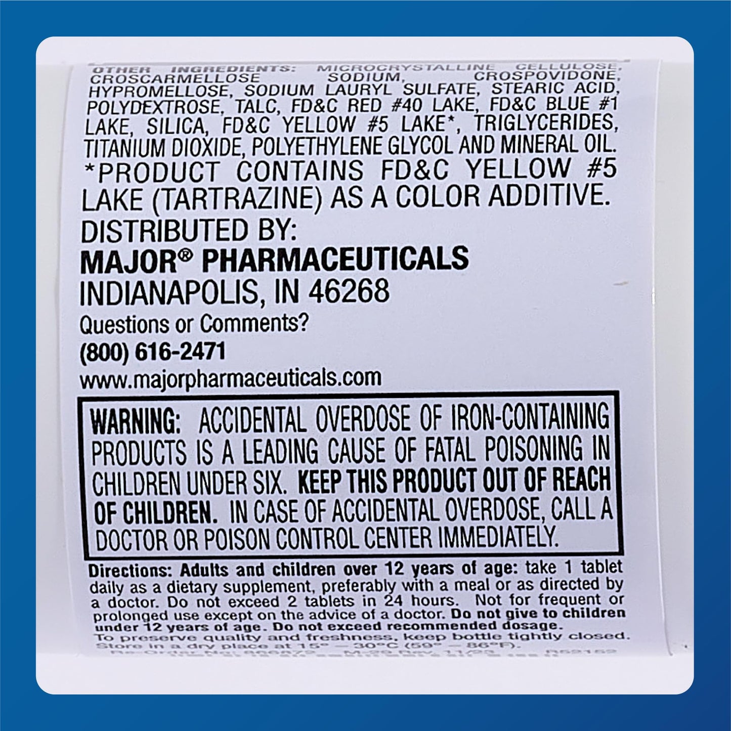 MAJOR Ferosul Ferrous Sulfate 325mg Tablets with 65mg Elemental Iron, Iron Supplement for Women and Men, 300 Count