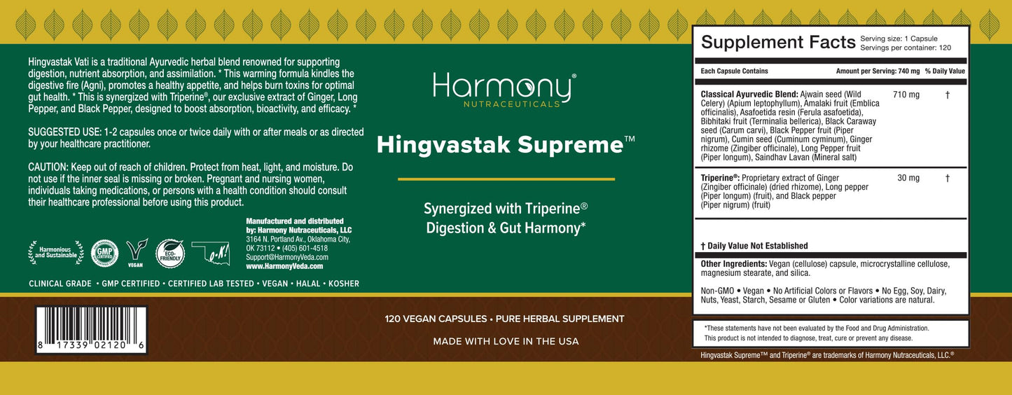 Harmony Nutraceuticals Hingvastak Supreme Ayurvedic Digestive Balance & Gut Harmony Blend with Triperine, Capsules, 120 Count