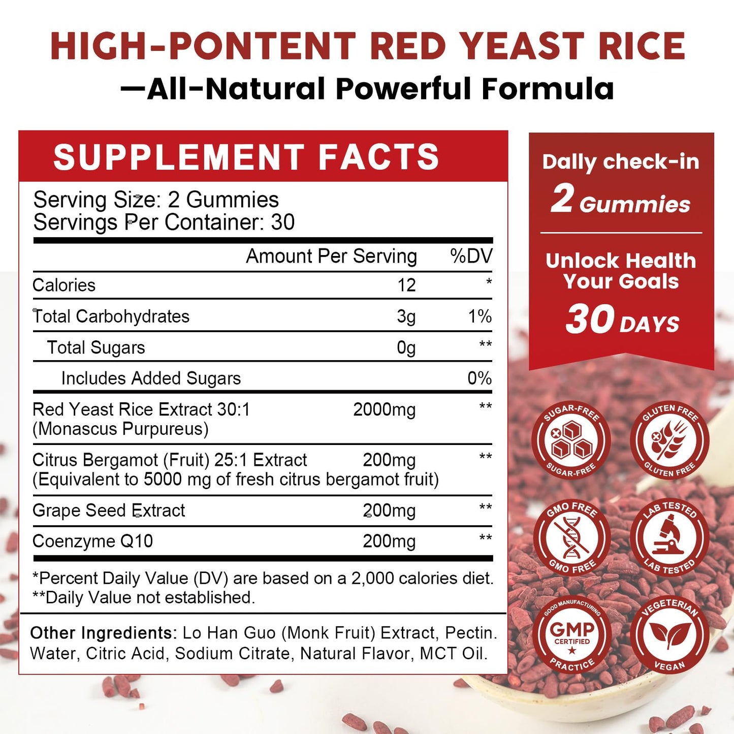 GONGOTA Red Yeast Rice 2,000mg with CoQ10 Gummies, 60 Gummies