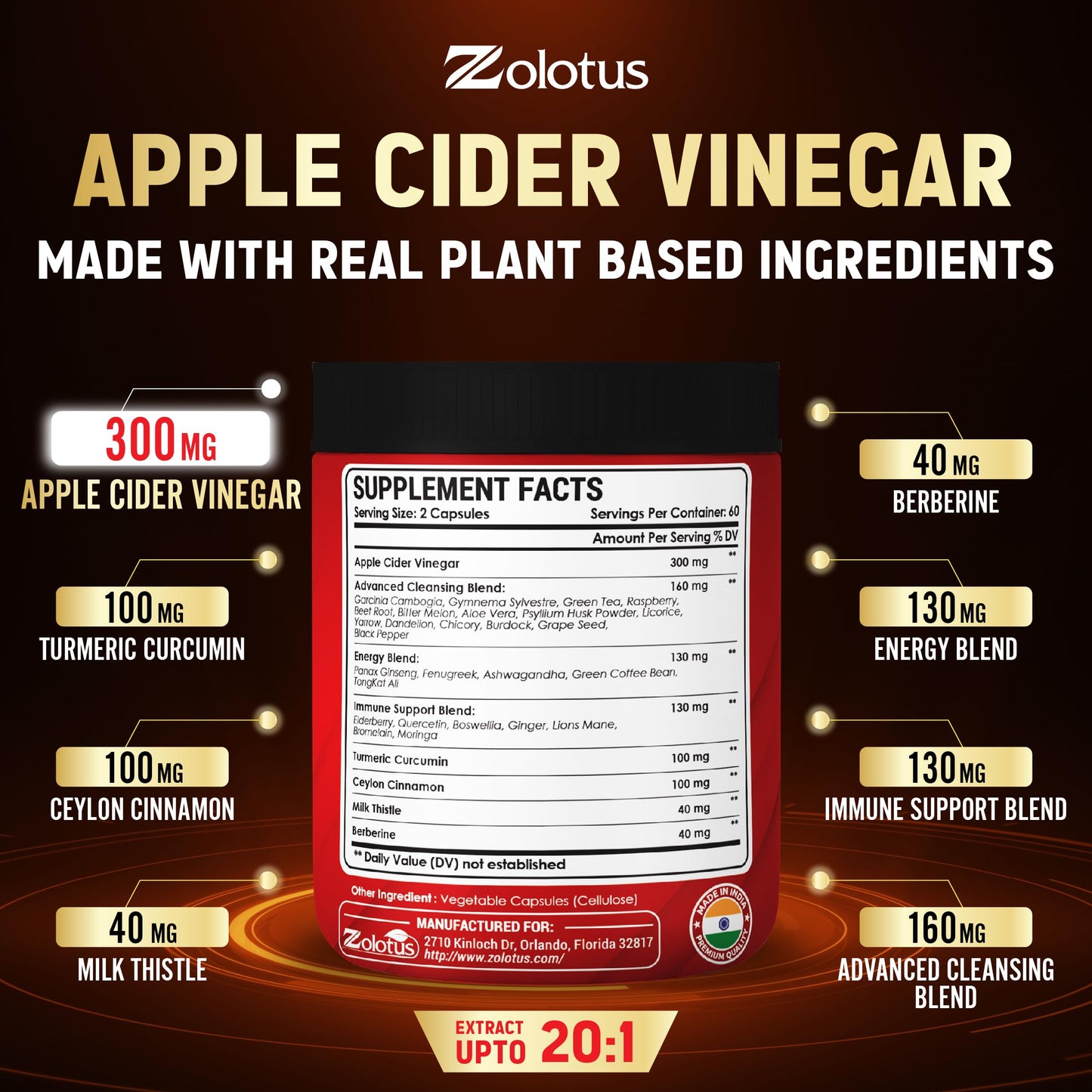 Zolotus 32 in 1 Apple Cider Vinegar Capsules with Turmeric, Cinnamon, Milk Thistle, Elderberry, Quercetin for Support Digestion, Vitality 120 Capsules