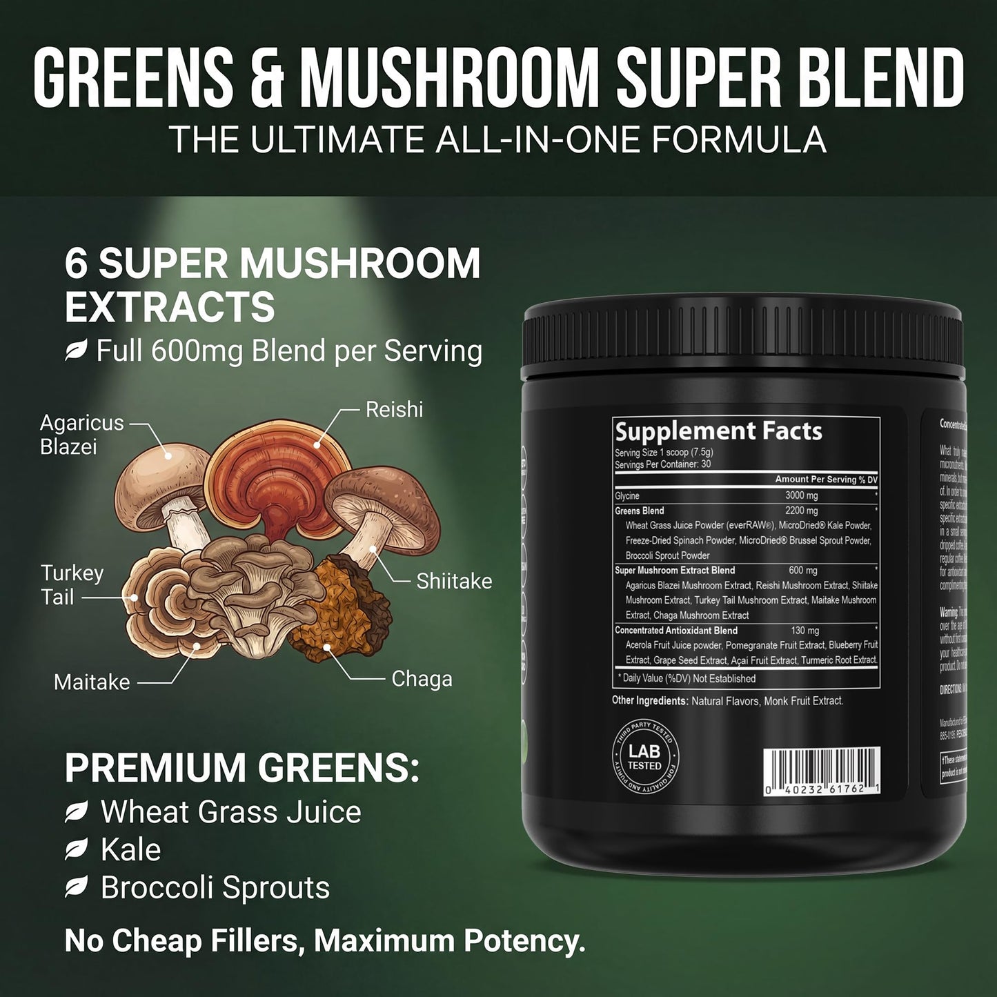 PEScience Greens Powder Superfood with Natural Chlorophyll, Reishi & Turkey Tail Mushroom Powders, Freeze-Dried Kale, Spinach, Broccoli Sprouts - Lime Flavor, 8