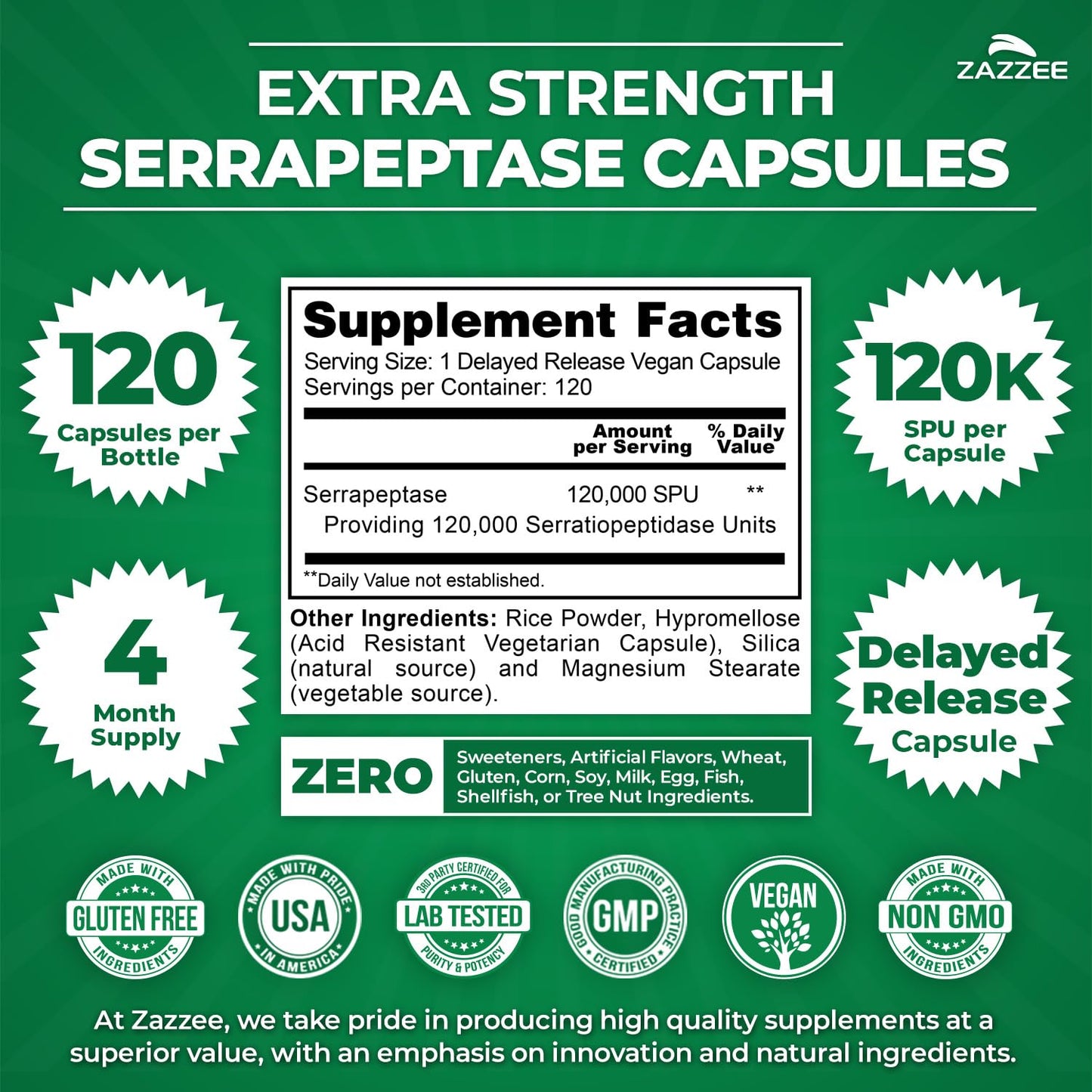Zazzee Delayed Release Serrapeptase Capsule 120 Count