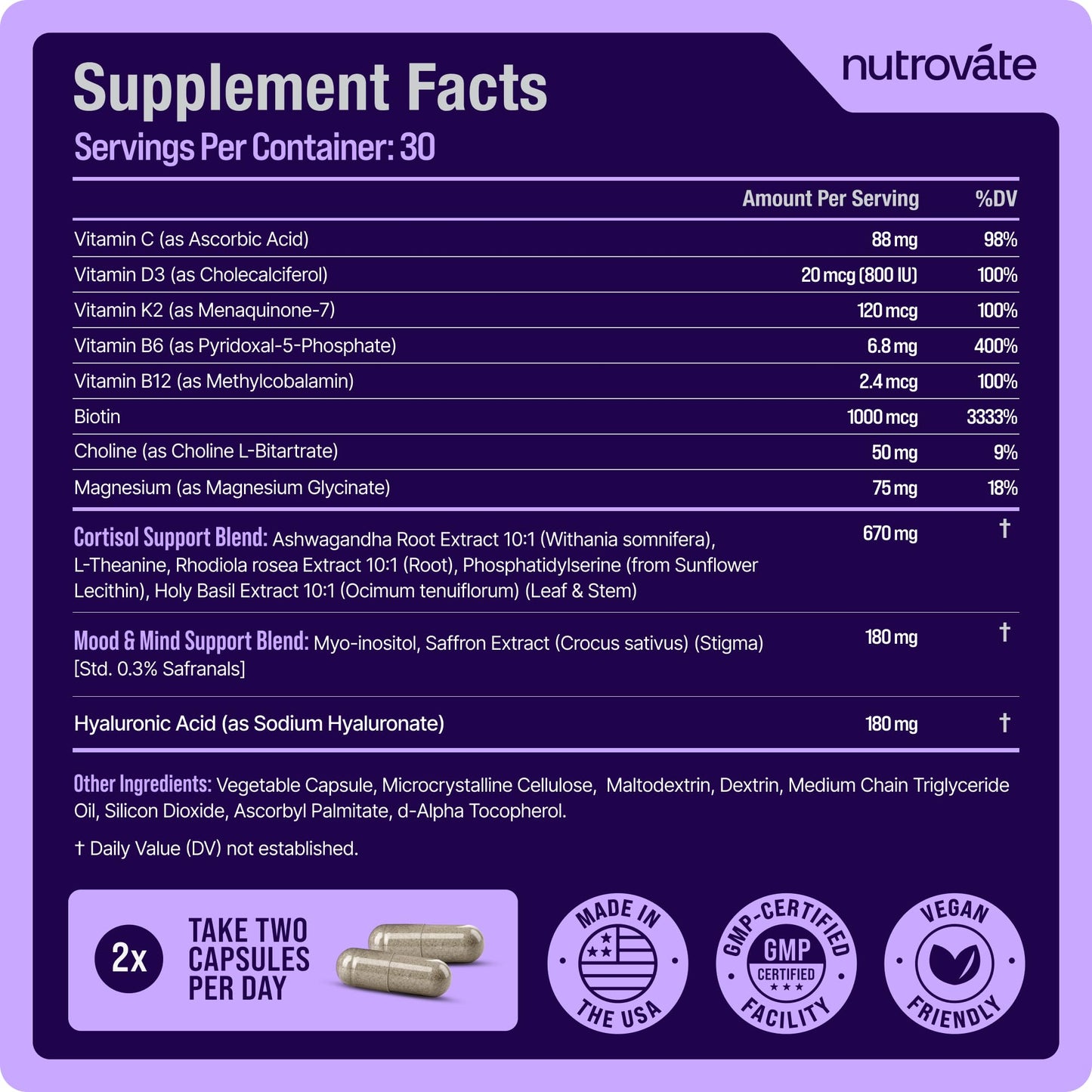 NutroVate Cortisol Support for Women [16-Plex] with Rhodiola Rosea, Ashwagandha, L-Theanine, Magnesium Glycinate Capsule 60 Count