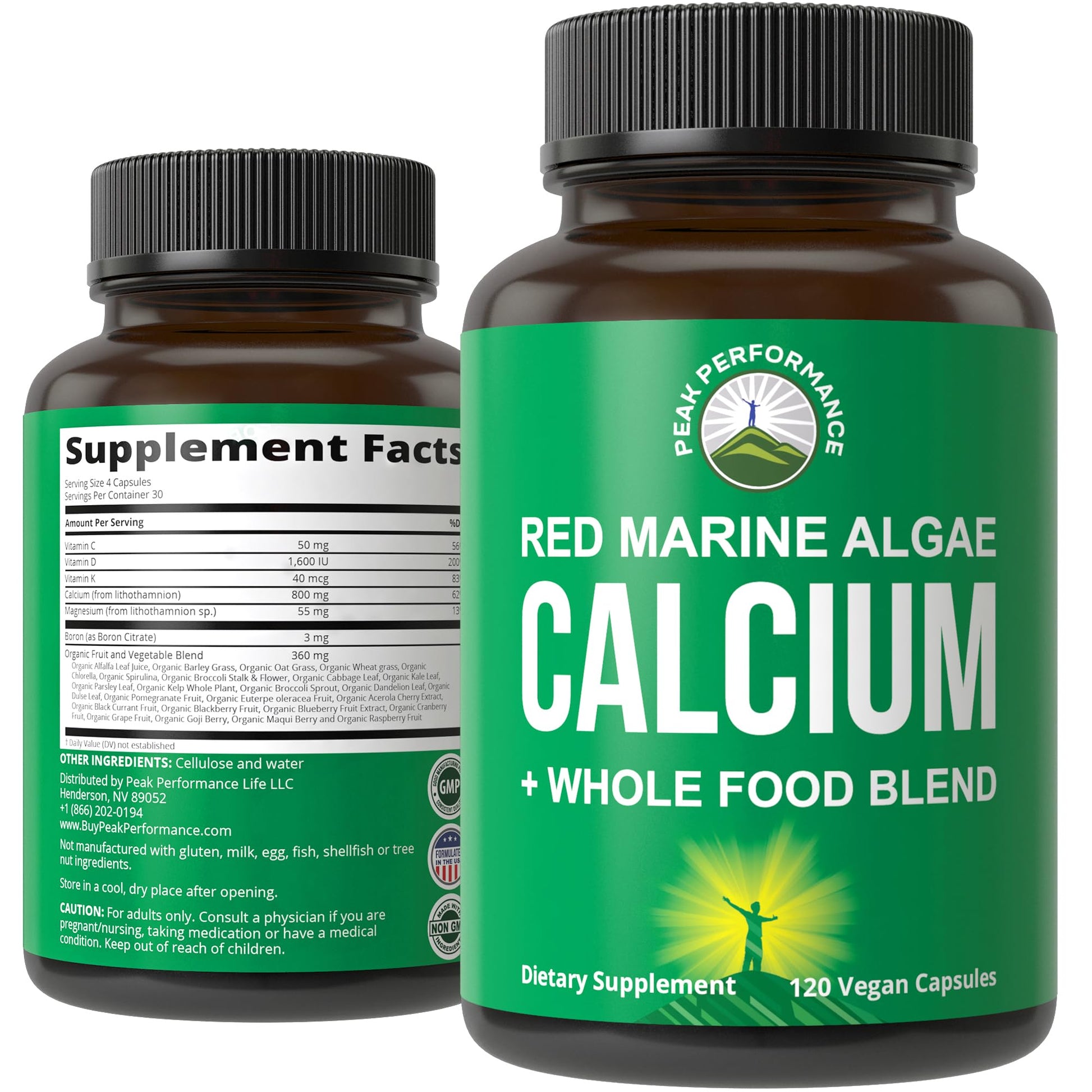 Peak Performance Plant Based Calcium - Red Marine Algae Calcium Supplement with Vitamin C, D3, K, Magnesium, and Whole Food Vegetable Blend, Capsules, 120 Count