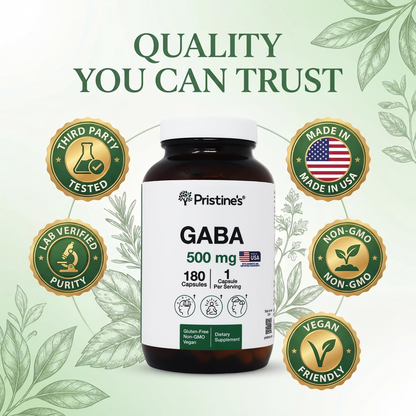PRISTINE'S GABA 500mg Sleep Quality Support Supplement, 180 Capsules