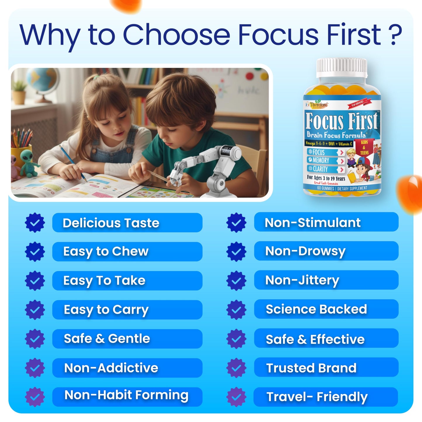 Therefore Focus Gummies for Kids & Teens Omega-3 DHA for Memory, Concentration and Attention, 60 Gummies