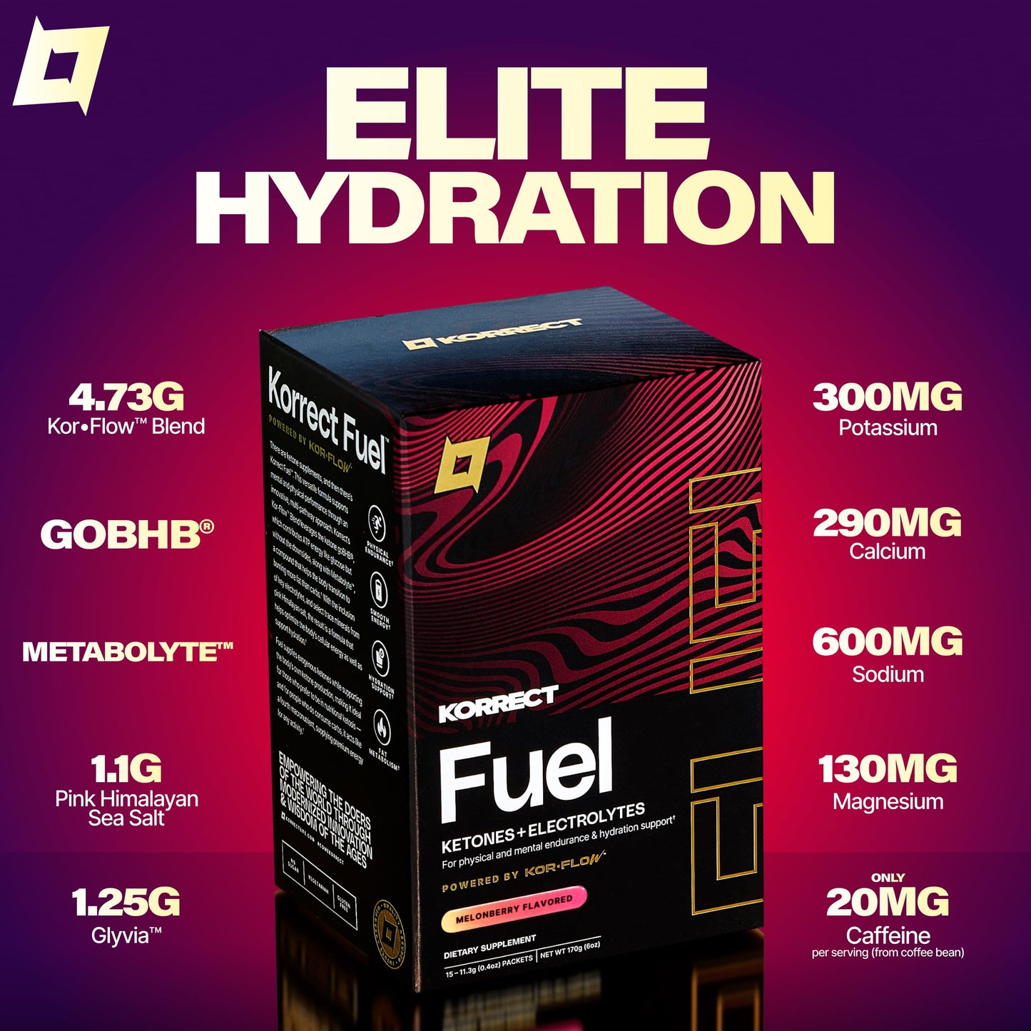 KORRECT LIFE Korrect Fuel Ketone Electrolyte Powder, 15 Single-Serve Packets, Melonberry