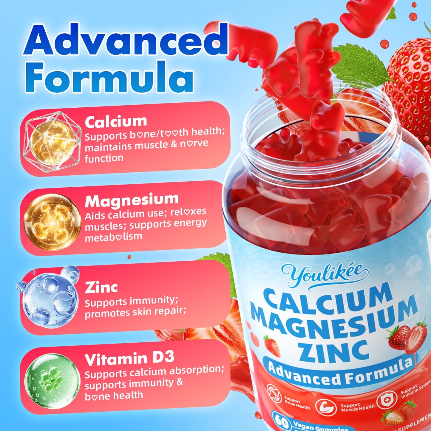 Youlikee Calcium Magnesium Zinc Gummies 120 Count