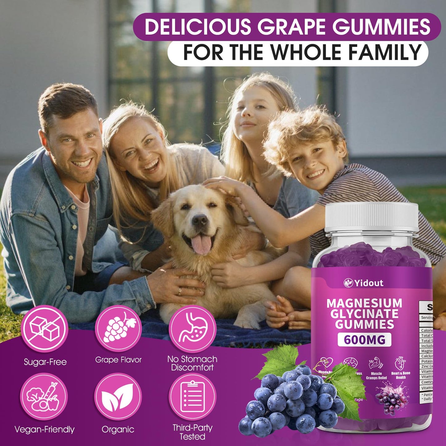 Yidout Magnesium Glycinate Gummies 600mg, 60 Count
