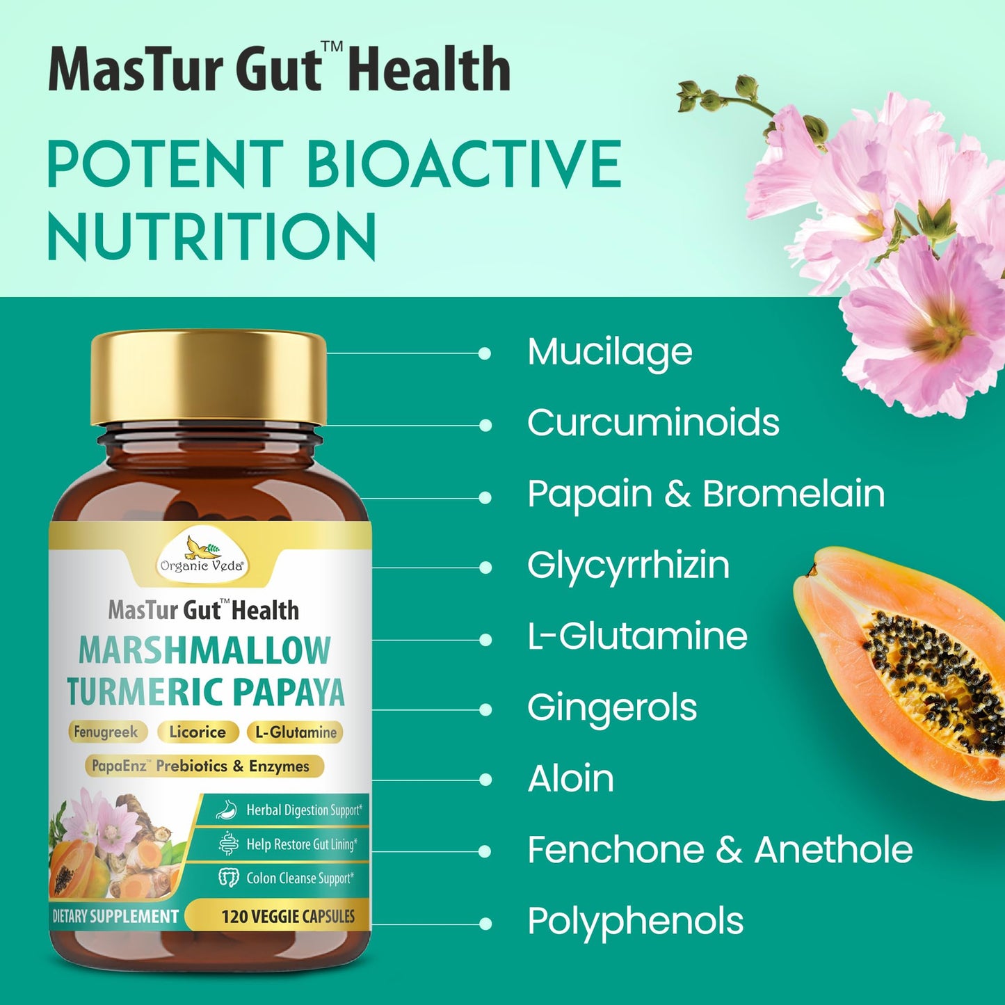 Organic Veda Marshmallow Turmeric MasTur Gut Health Supplement 120 Capsules