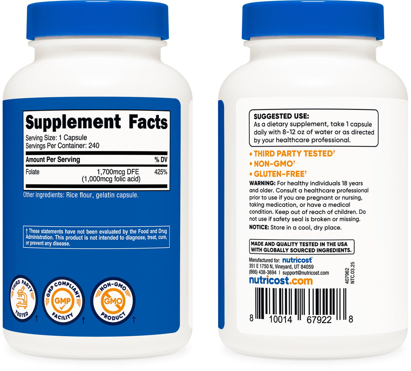 Nutricost Folic Acid (Vitamin B9) 1000 mcg Capsule, 480 Capsules