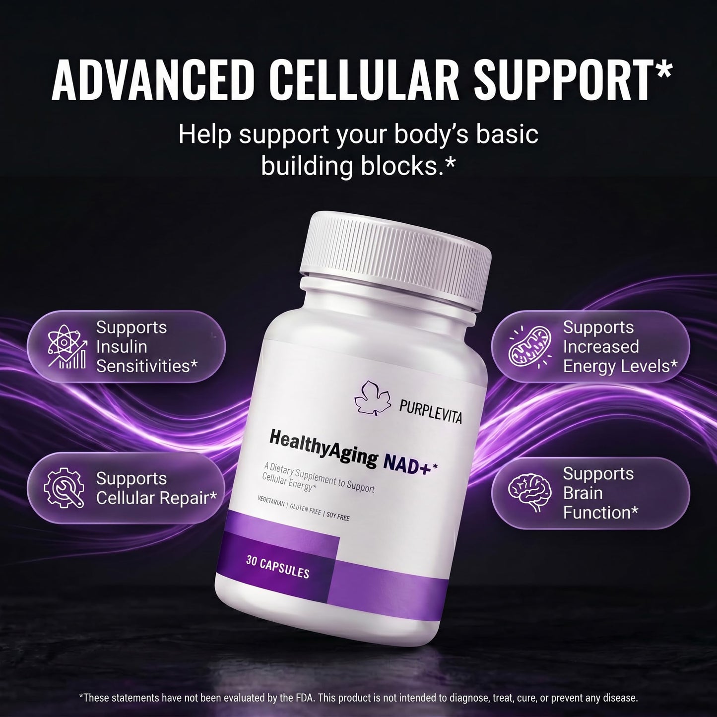 PURPLEVITA NAD + Plus Supplement Healthy Aging with RiaGev-WS, Vitamin C & Niacin, Cellular Energy, Metabolism and Stress Support, 30 Capsules