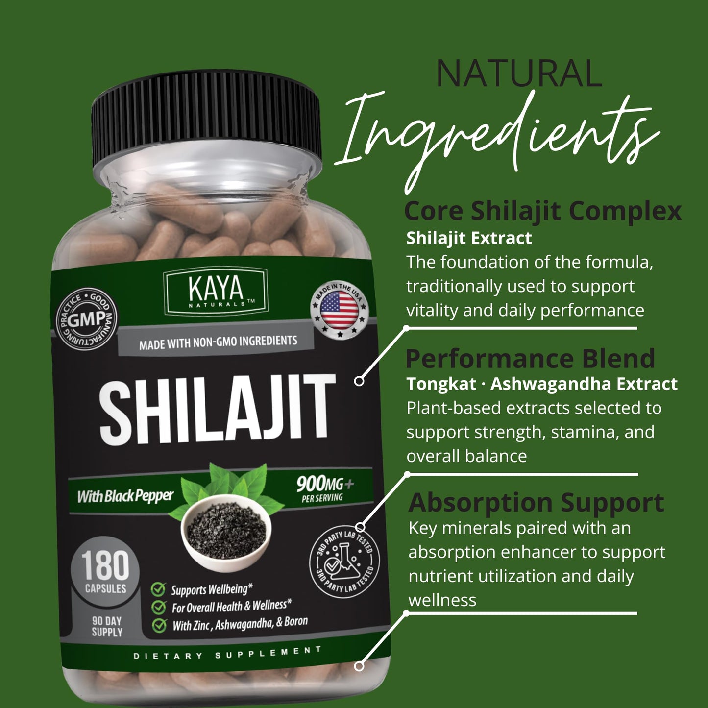 Kaya Naturals Shilajit with Black Pepper 900mg per Serving Capsule, 180 Count