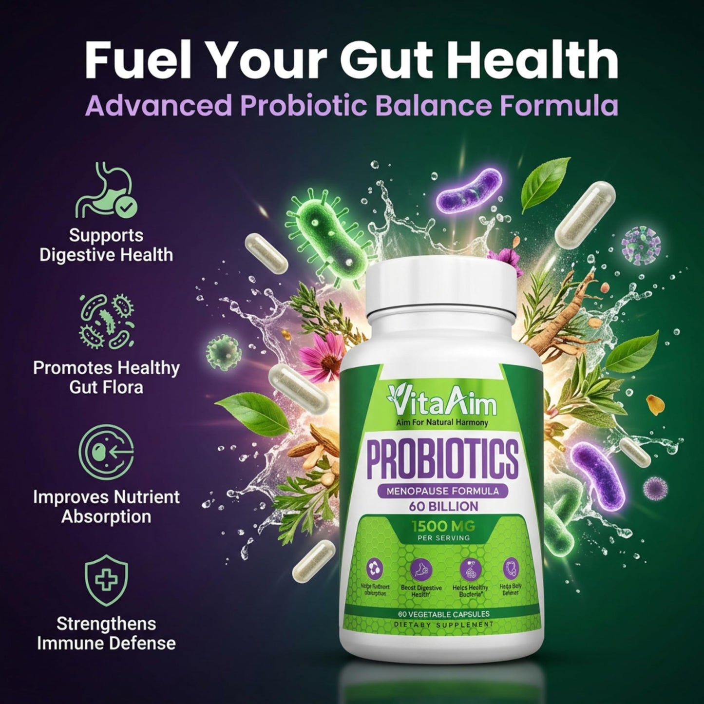 VitaAim Probiotics for Women 60 Billion CFU, Menopause Formula with Prebiotics, Cranberry Extract and Digestive Wellness Support, Vegan Probiotic Supplement, 1 Capsule