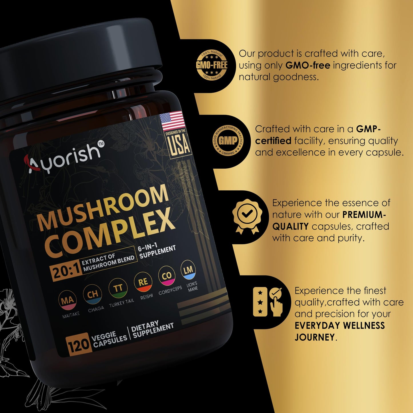Ayorish Lions Mane 6 in1 Mushroom Supplement with Turkey Tail Reishi Cordyceps Chaga Maitake Meshima Poria Cocos Shiitake Oyster Porcini Enoki Capsule 120