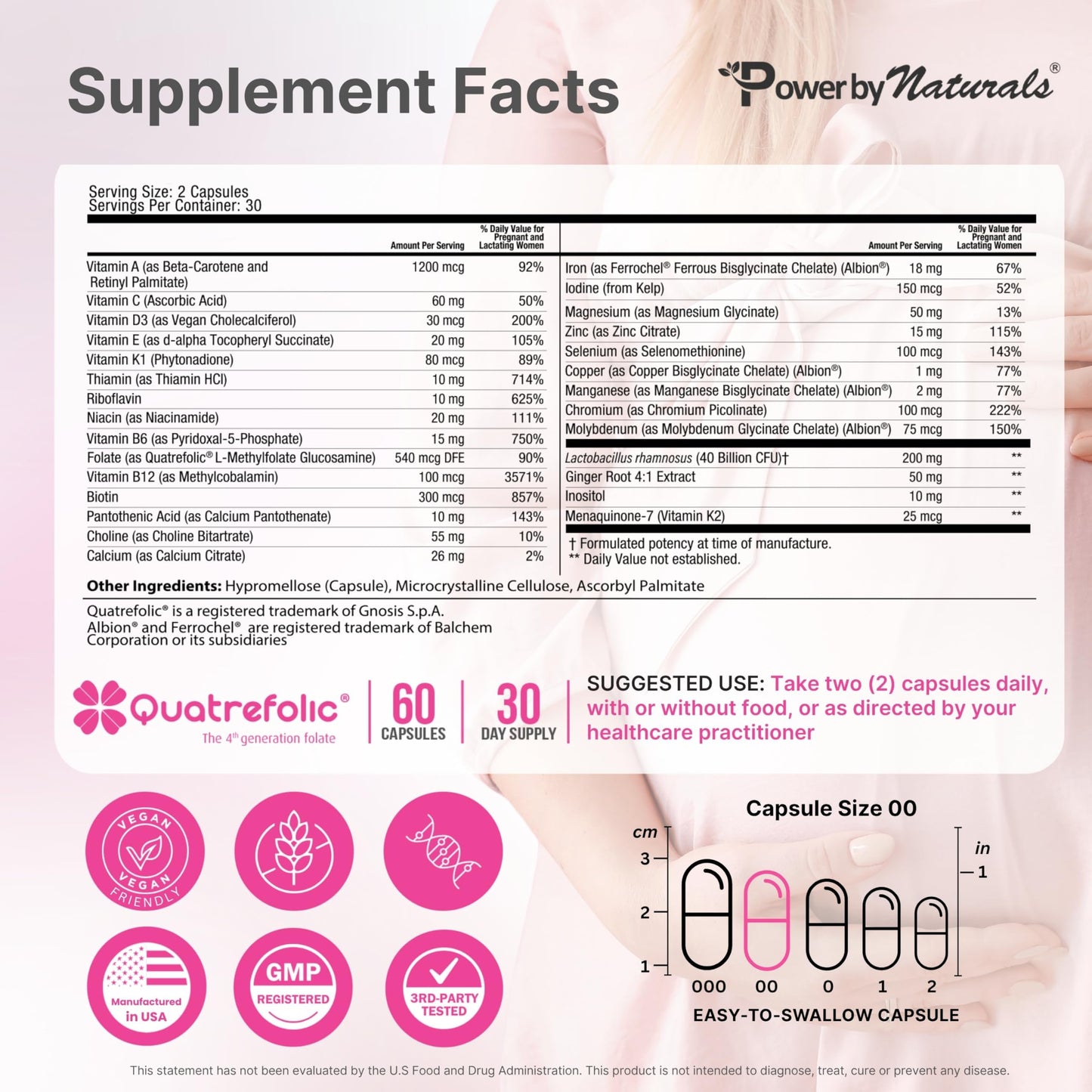 Power By Naturals Methyl Prenatal with Probiotics – Prenatal Vitamins for Women with Iron, Methyl Folate, B12 & 28 Nutrients & Botanicals – Vegan, Non-GMO, Gluten-Free 60 Capsules