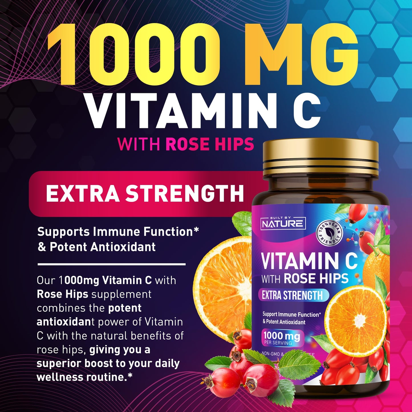 Built by Nature Vitamin C with Rose Hips 1000mg Chewable, 60 Tablets