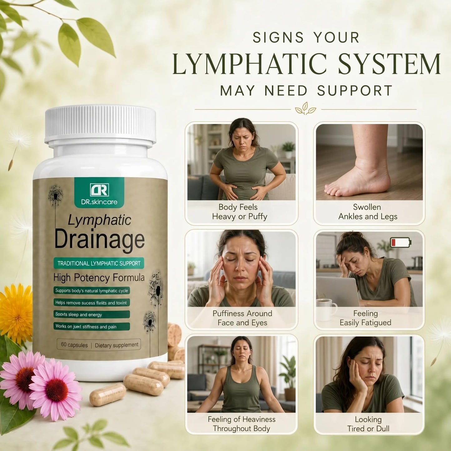 DR. SKIN CARE Lymphatic Drainage Support Supplement for Women and Men – Daily Wellness Softgels with Echinacea, Dandelion, Burdock Root, Cleavers – 60 Count