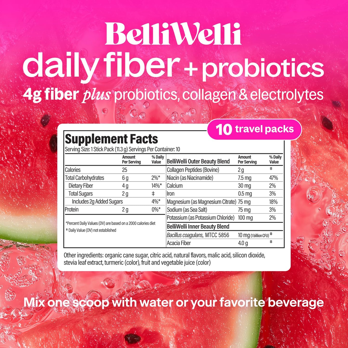 Belli Welli Daily Fiber Supplement Packets with Collagen, Probiotics & Electrolytes Watermelon Powder, 10 Count