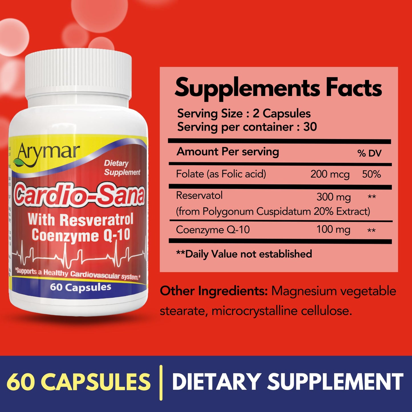 Arymar Cardio-Sana Supplement Co-Enzyme Q-10 100 mg, Resveratrol 300 mg, 60 Capsules