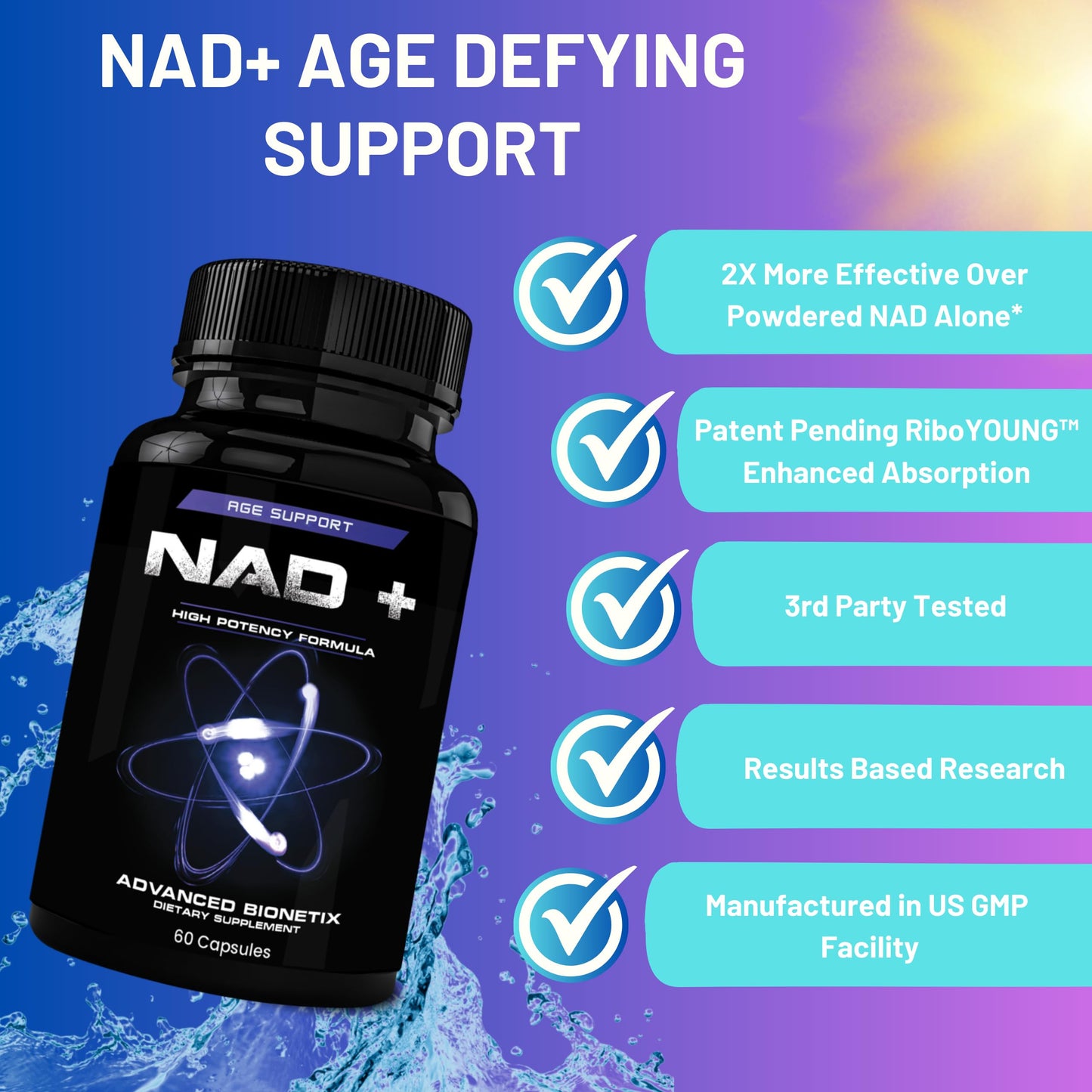 Advanced Bionetix NAD Supplement with Nicotinamide Riboside Plus Resveratrol, Quercetin, Betaine w/RiboYOUNG™ for True Anti Aging Capsules 60 Count