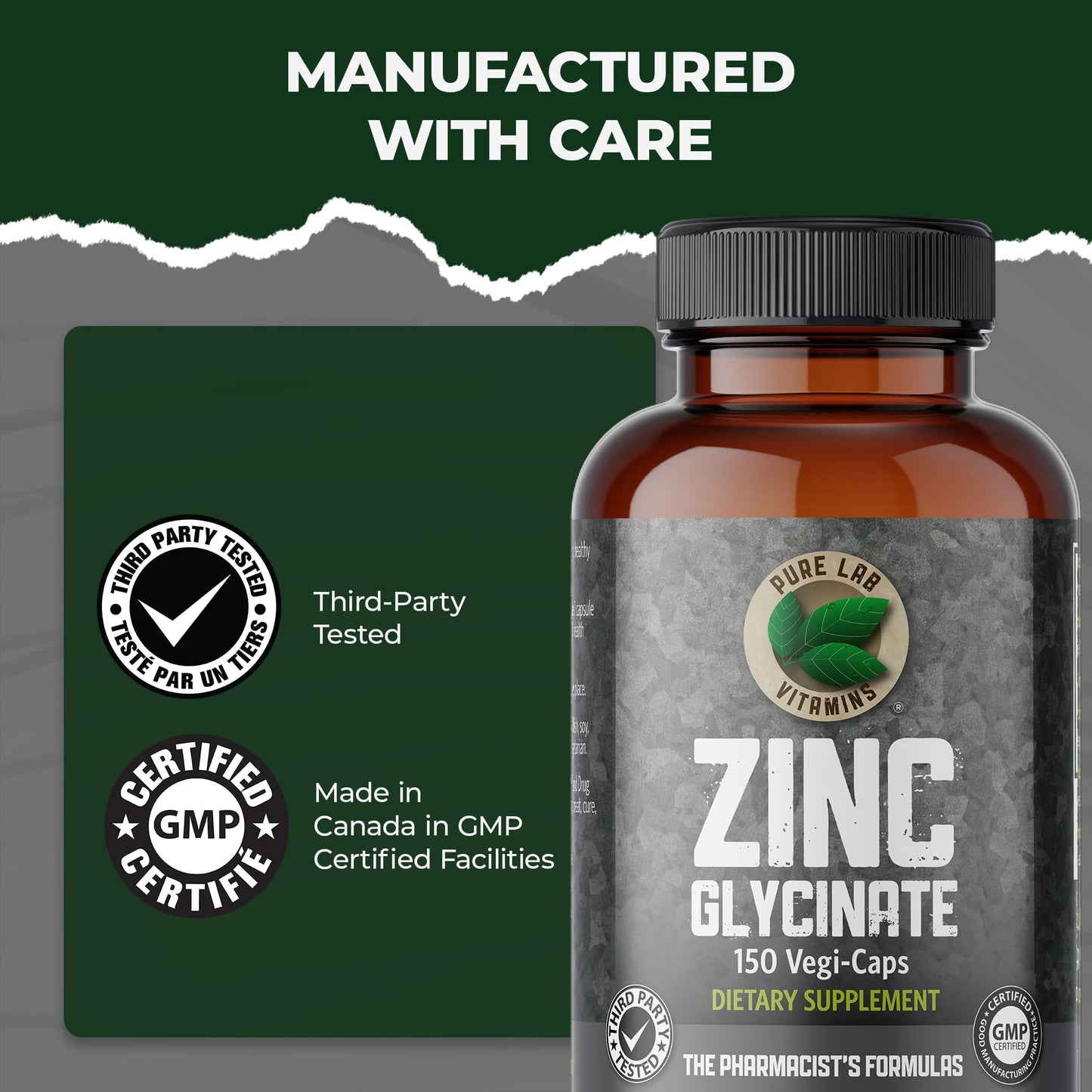 Pure Lab Vitamins Zinc Glycinate Capsules, 150 Count